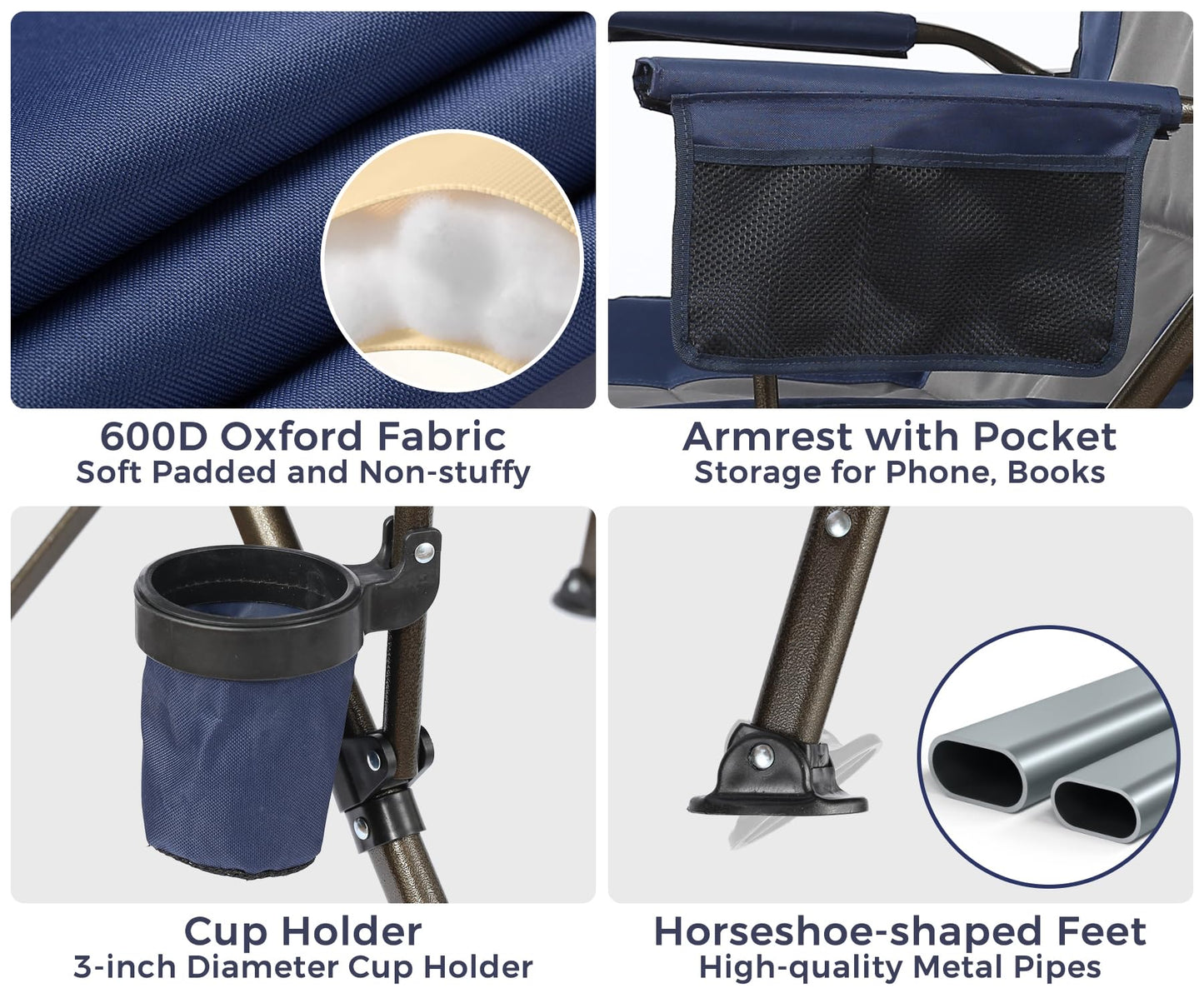 SKIKEN Large High Back Camping Chair for Adults - Oversized Comfortable for Tall People - Heavy Duty 450lbs Capacity K-Frame, Padded Seat & Armrests for Sitting Fishing Lawn Outside, Cup Holder (Blue)