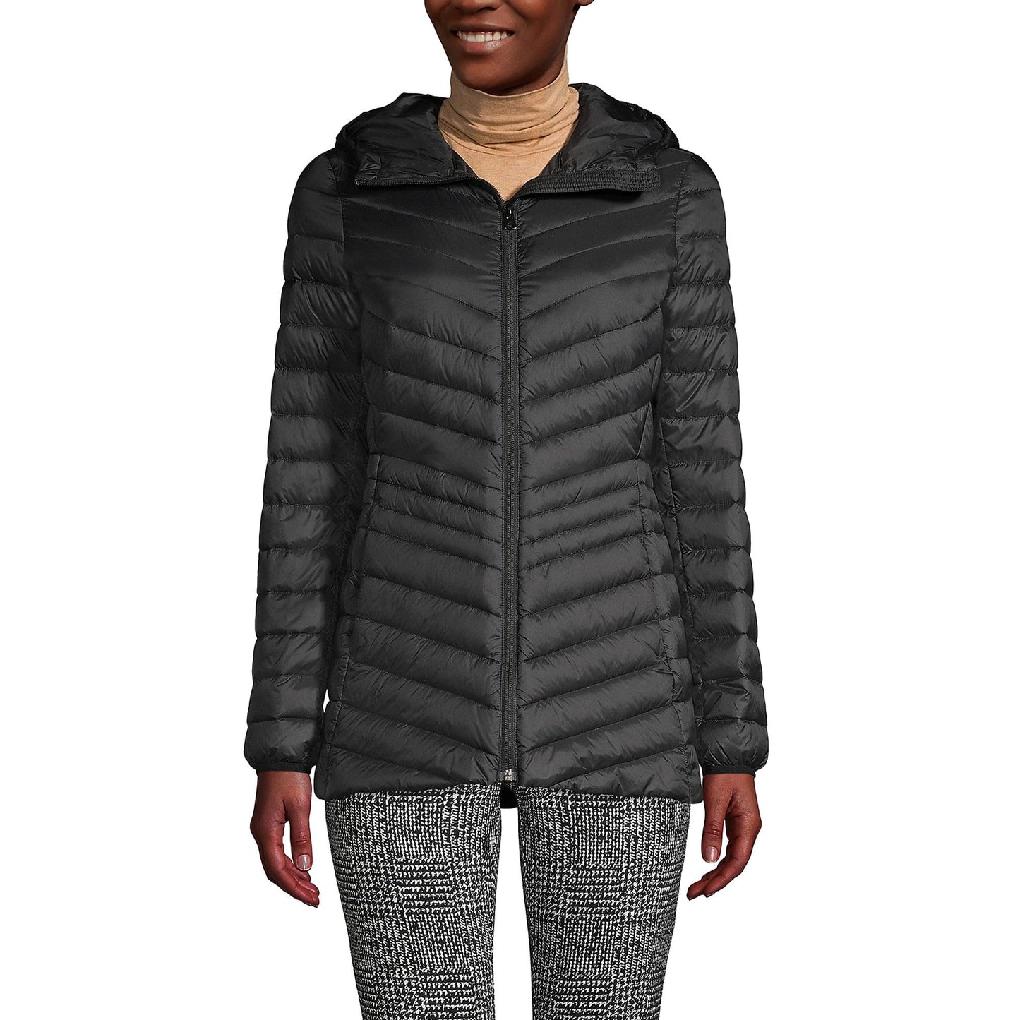 Lands' End Womens Packable Chevron Hooded Long Wanderweight Down Jacket Black Tall Large