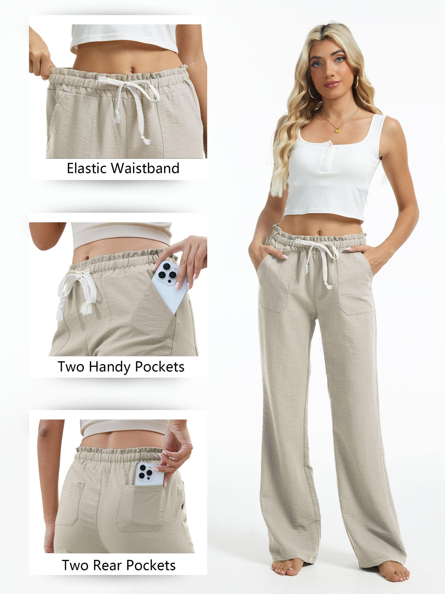 SEVEGO Women's Casual Linen Pants Long 32" Inseam Flared Leg Smocked Waist Beach Summer Slacks, Khaki, Large