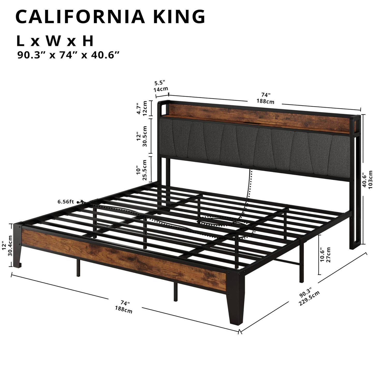 LIKIMIO California King Bed Frames, Storage Headboard with Charging Station, Solid and Stable, Noise Free, No Box Spring Needed, Easy Assembly