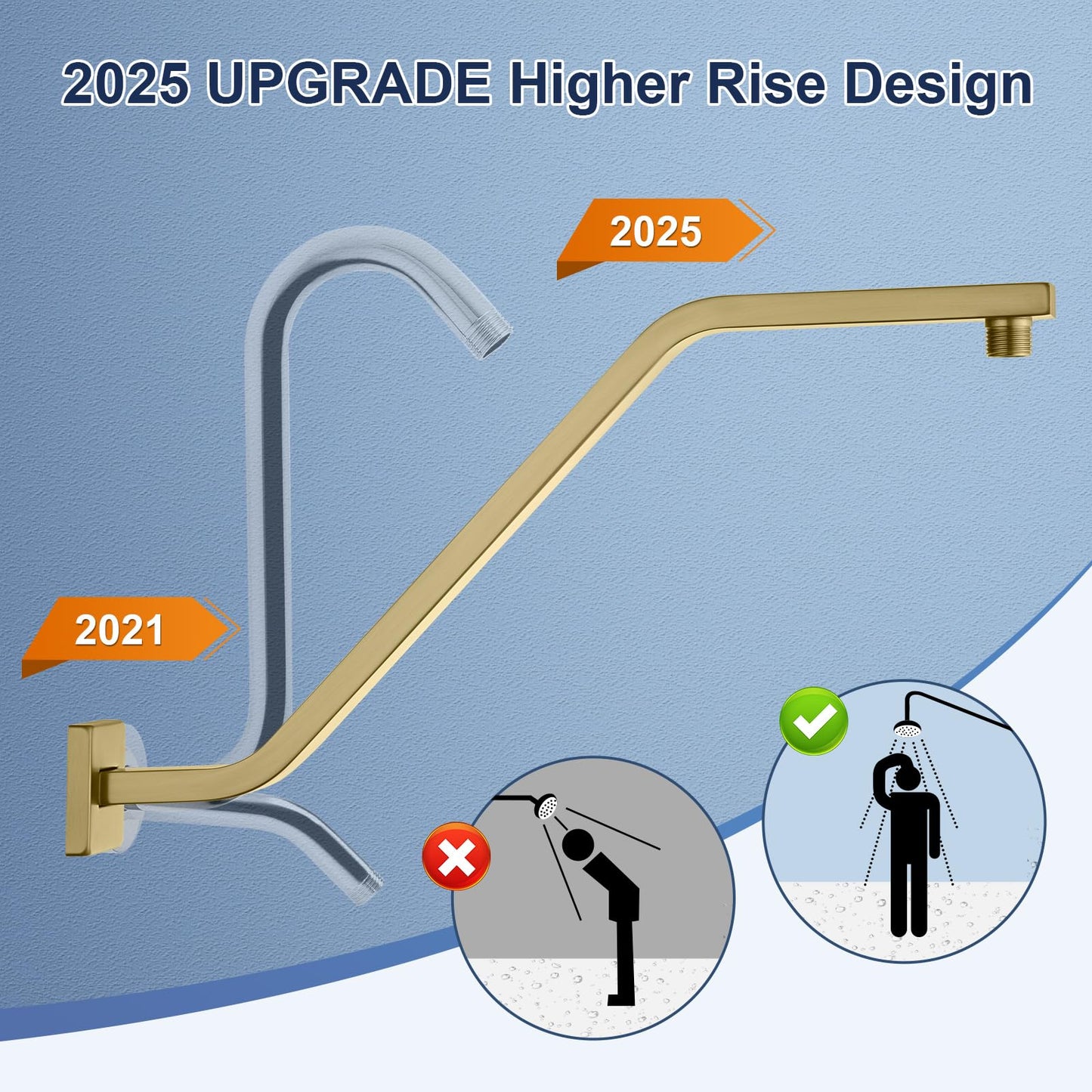 Uvish Square Shower Head Extension Arm with Flange, 16.5 Inch Z/S Shaped High Rise Shower Pipe Extender Wall-Mounted for Fixed Bathroom, Shower Head Goose Neck Arm - Extra Long Thread, Brushed Gold