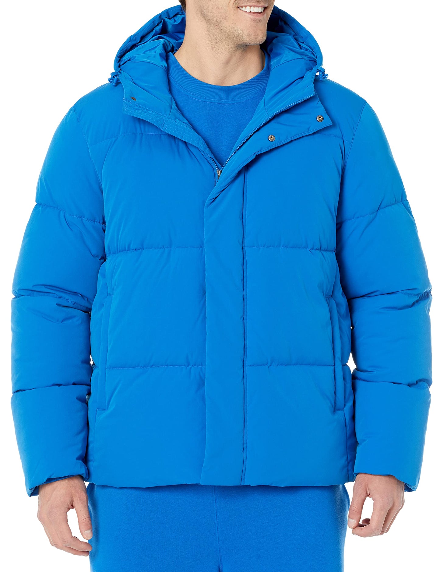 Amazon Essentials Men's Mid-Length Hooded Puffer Coat (Available in Big & Tall), Bright Blue, 4X-Large Big Tall