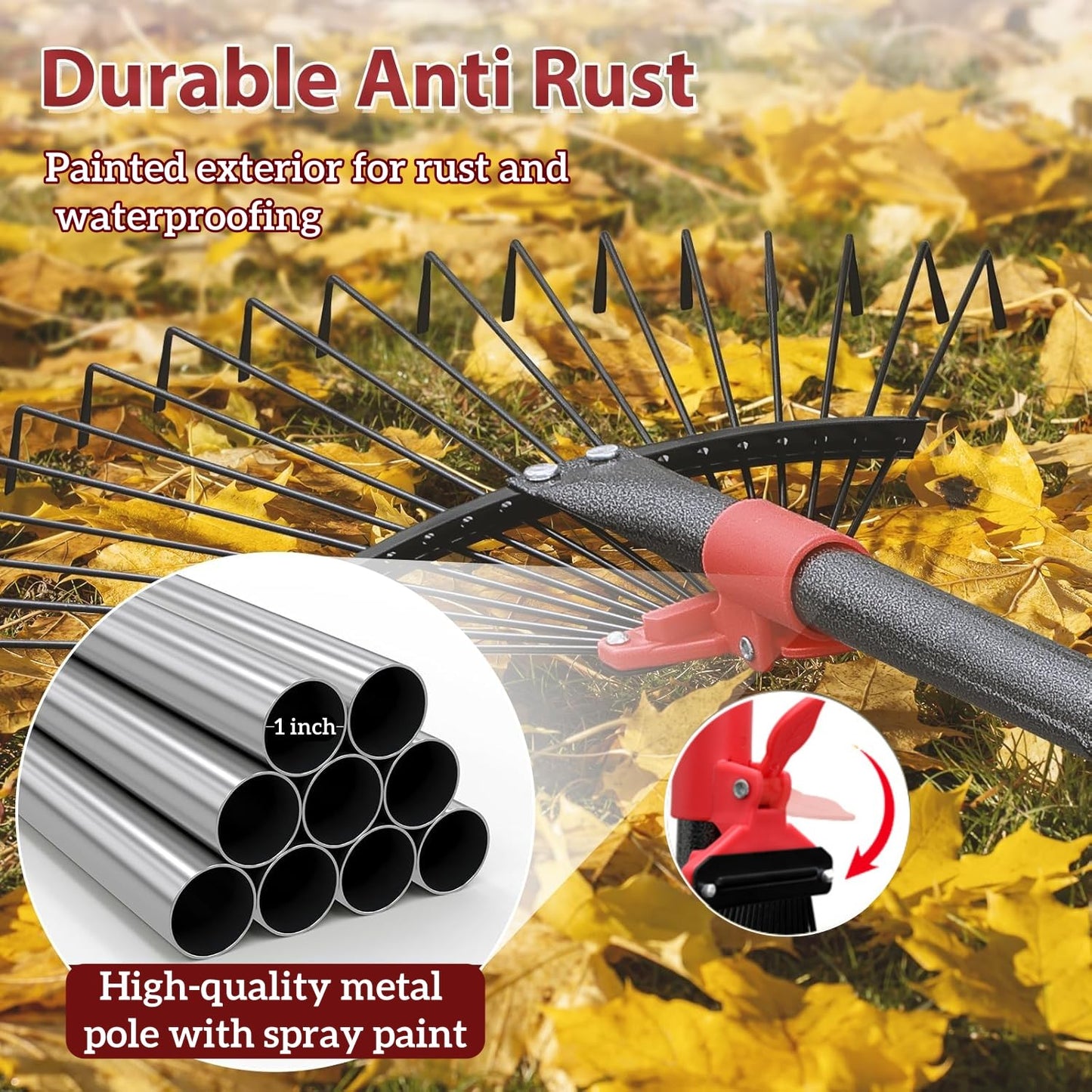 TAILERNRUYE 91 Inch Rake for Leaves , Adjustable 18 Tines with Expandable Head 9-18in Grass Rake Heavy Duty Metal Rakes for Women Children Yard Gardener Gardening Grass Debris Lawns