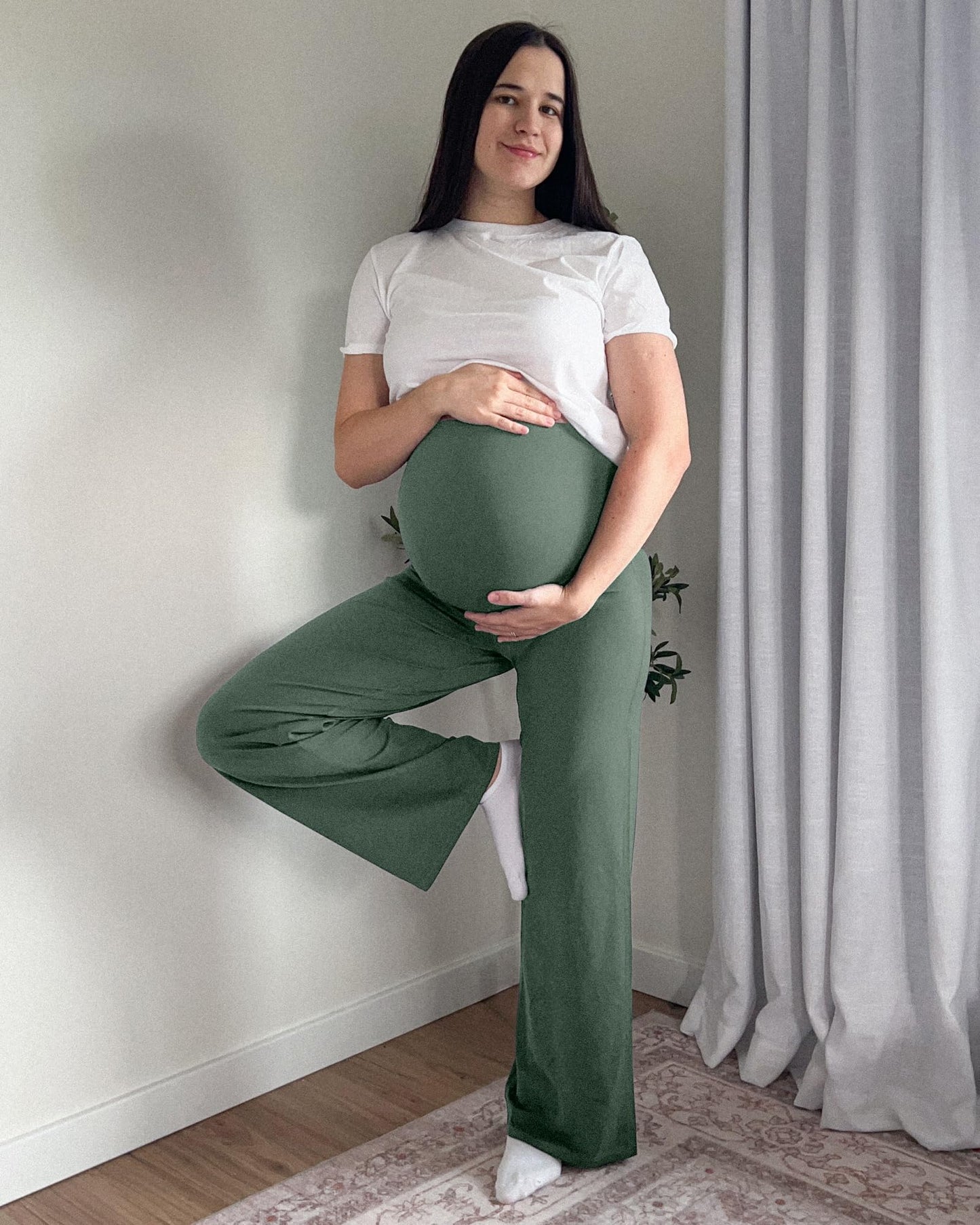 G4Free Pregnancy Pants Over The Bump High Waist Maternity Clothes for Women Strechy Business Casual Lounge Trousers (Gray Sage,XXL,32")