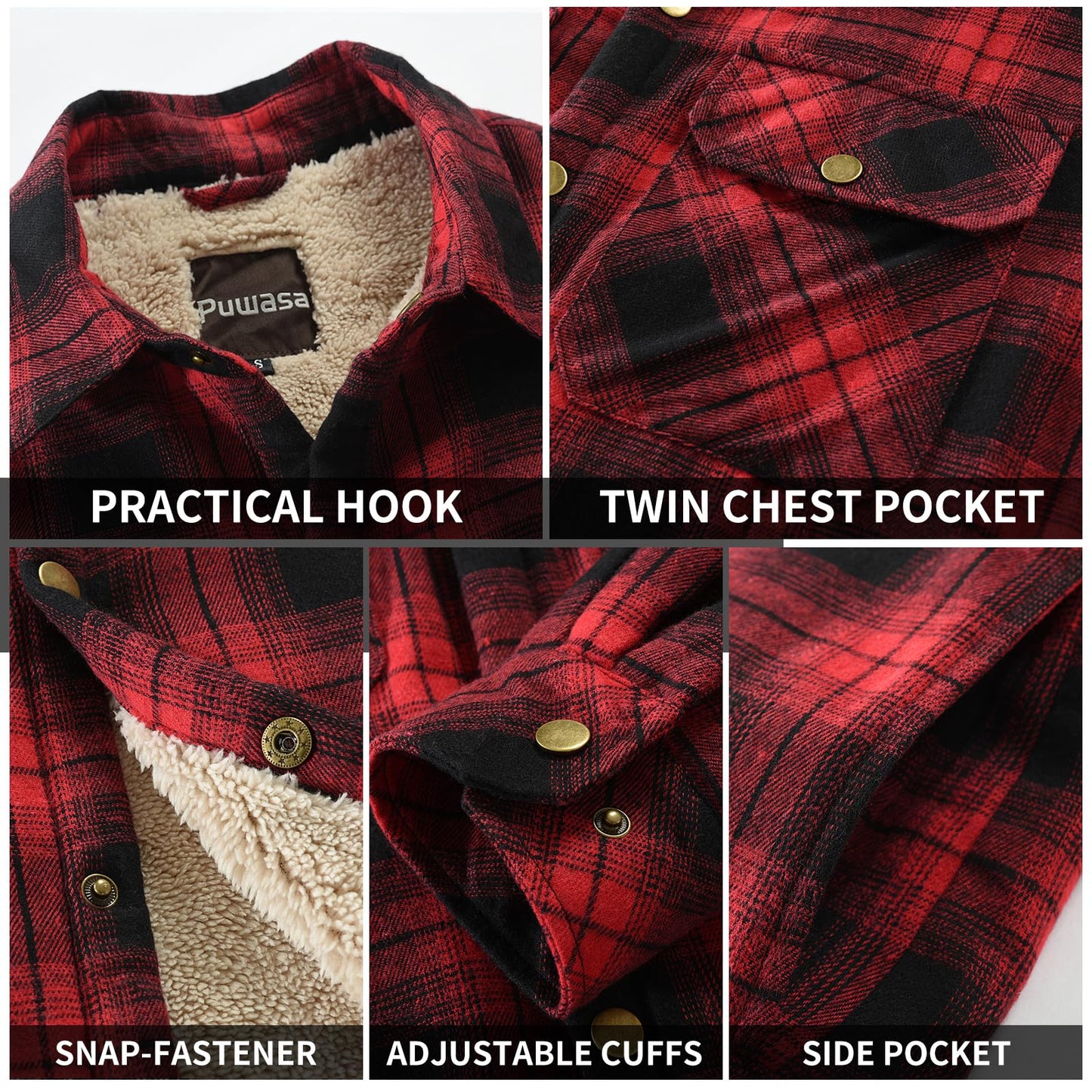 Puwasa Men's Sherpa Lined Cotton Flannel Shirt Jacket Plaid Button Up Jacket Coat for Men with Pocket Red X-Large Tall