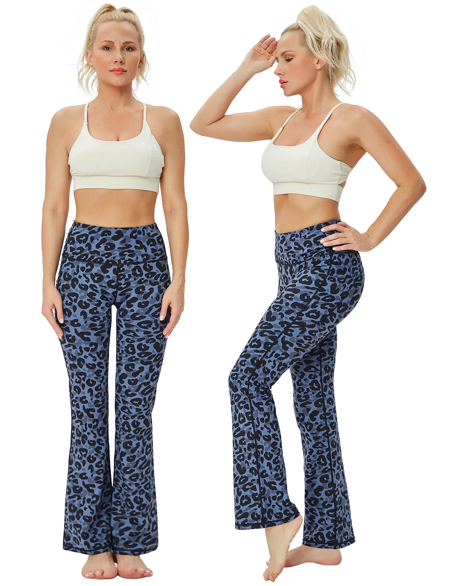 BUBBLELIME 29"/31"/33"/35" 4 Styles Women's Tummy Control Bootcut Yoga Pants - Side Pockets_Navy_Leopard M-35 Inseam