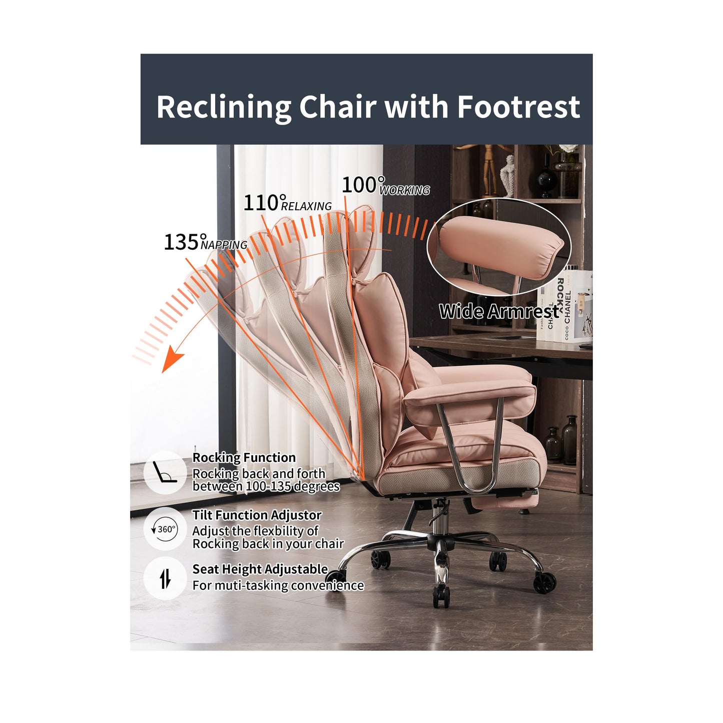 Efomao Big and Tall Office Chair 400LBS, Heavy Duty Executive Office Chair with Foot Rest, Home Office Desk Chairs, Pink Big Tall Computer Chair