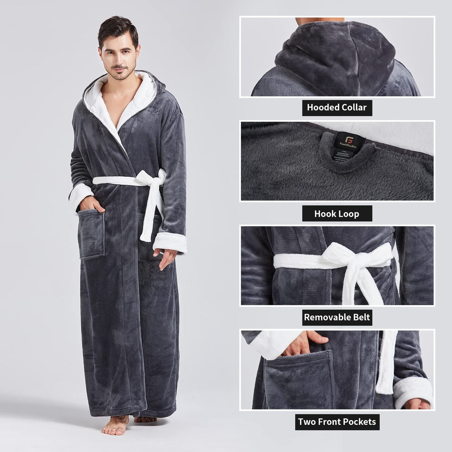 FashGudim Mens Robes Big and Tall with Hood Two-Tone Flannel Fleece Contrast Bathrobe Full Length Plush Long Robe Warm House Coat (Grey & White, L/XL)