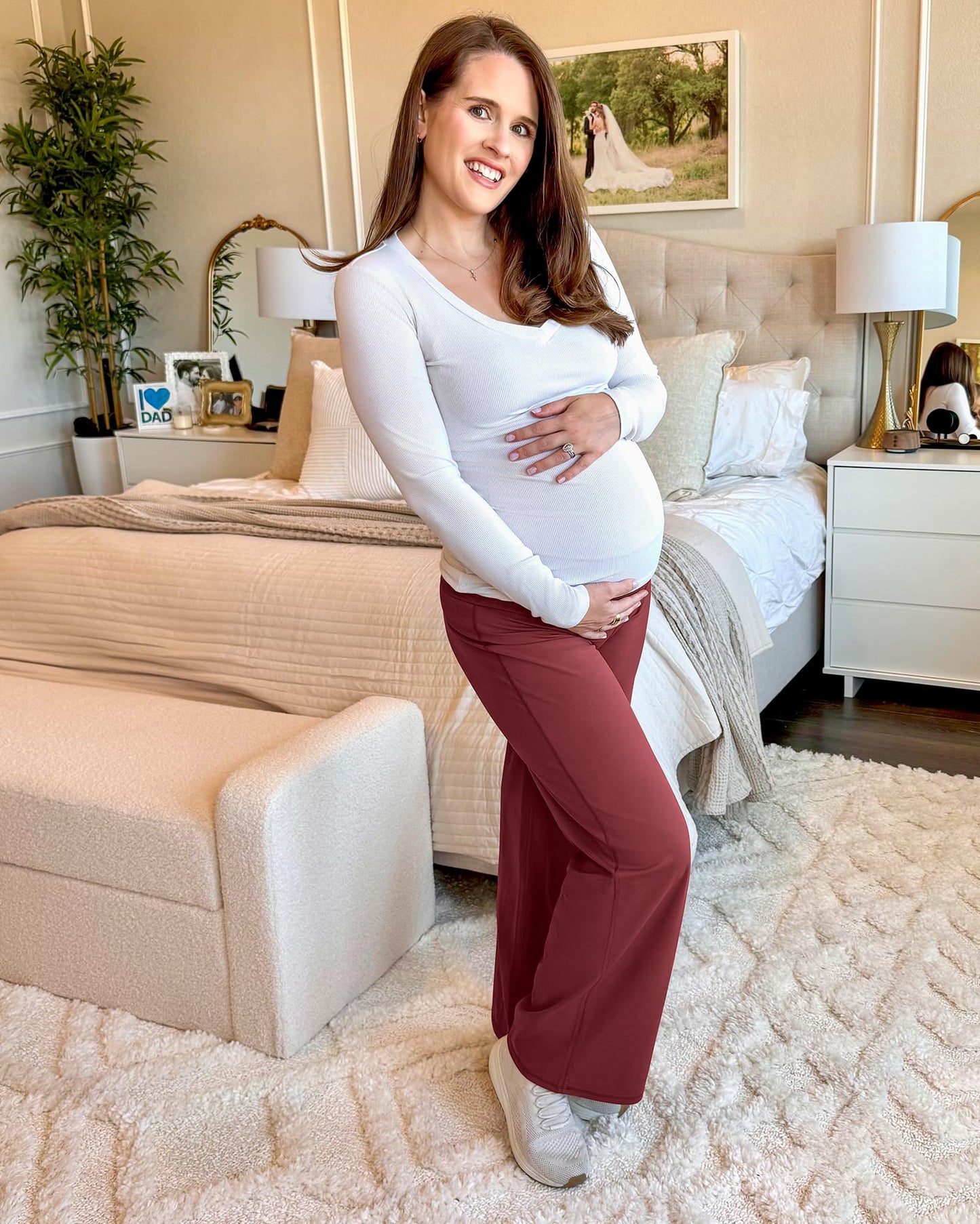 G4Fre Pregnancy Pants for Women Wide Leg Yoga Maternity Scrub Pants Over The Belly Stretchy Slacks for Casual Athletic Workout (Dark Burgundy,XXL,32")