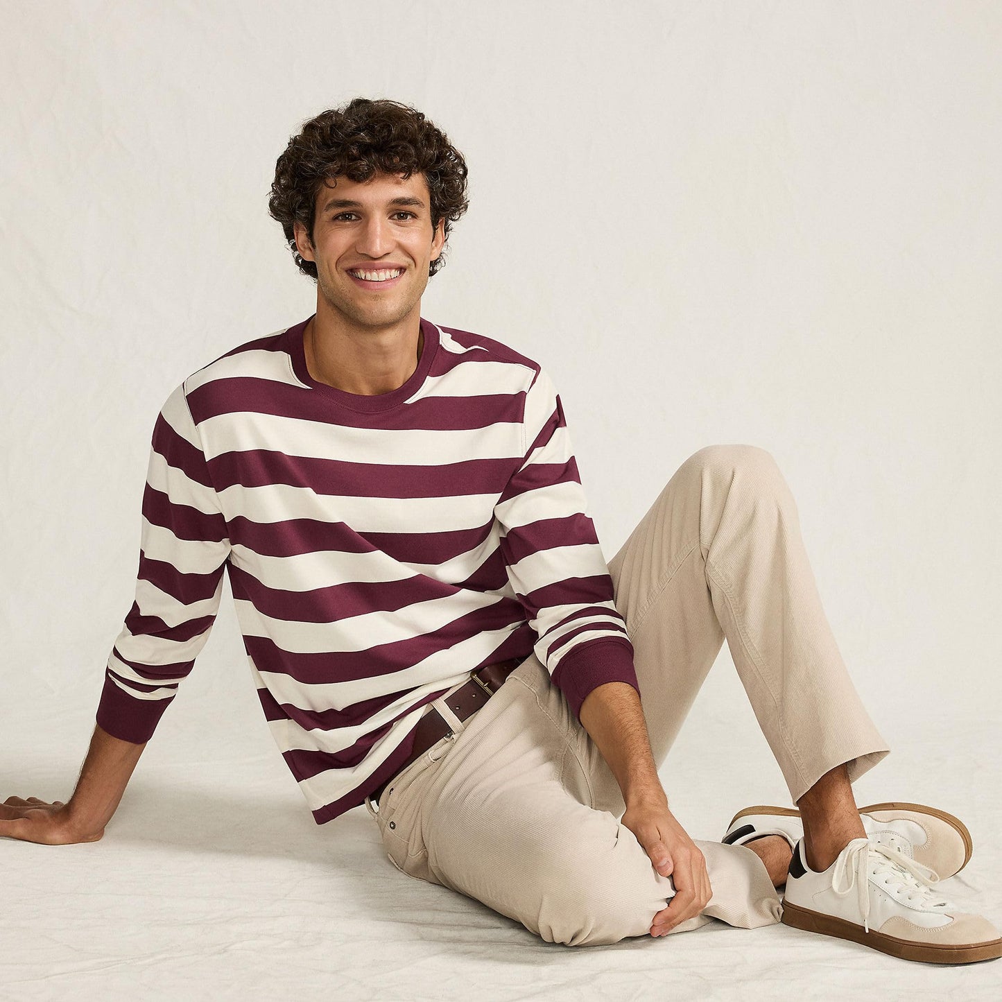 Lands' End Mens Long Sleeve Super-T Tee Burgundy/Ivory Even Stripe Tall Medium