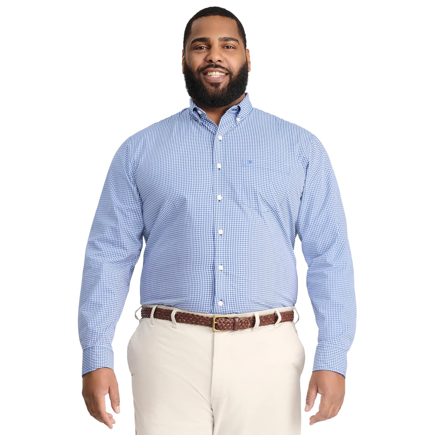 IZOD Men's Big Performance Comfort Long Sleeve Gingham Button Down Shirt, Mazarine Blue, X-Large Tall