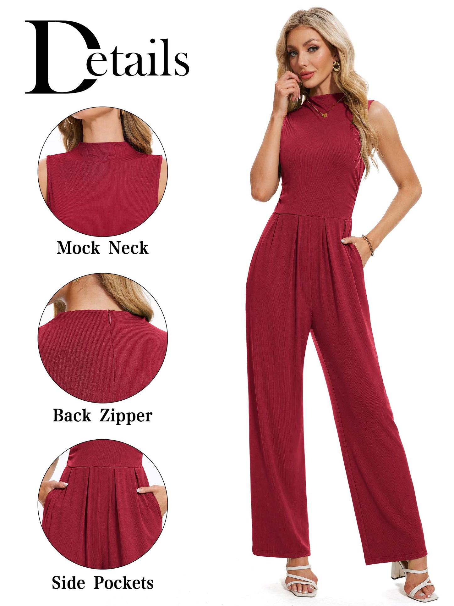 Tapata Women's Jumpsuits Dressy Casual One Piece Outfits Sleeveless Rompers Wide Leg Pants with Pockets, Tall, Burgundy, Large