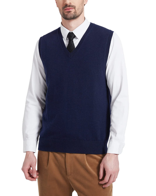 Kallspin Men's Big & Tall Wool Blended Vest Sweater Relaxed Fit V Neck Sleeveless Knitted Pullover (Navy Blue 3XL-Tall)