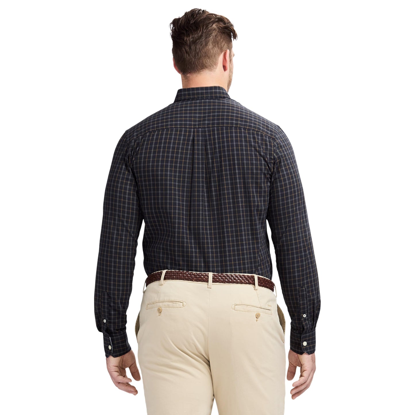 IZOD Men's Big and Tall Performance Comfort Long Sleeve Gingham Button Down Shirt, Anthracite, Large Tall