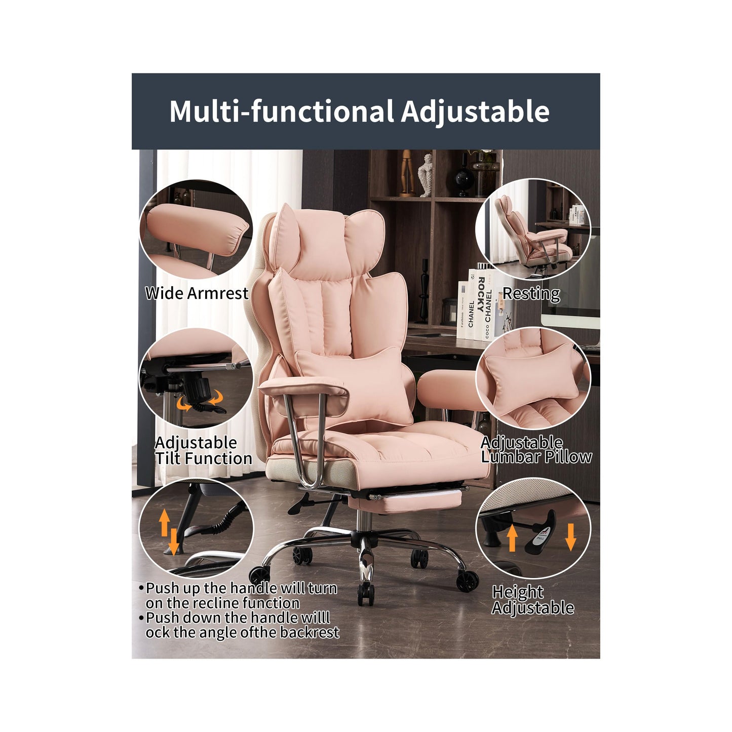 Efomao Big and Tall Office Chair 400LBS, Heavy Duty Executive Office Chair with Foot Rest, Home Office Desk Chairs, Pink Big Tall Computer Chair
