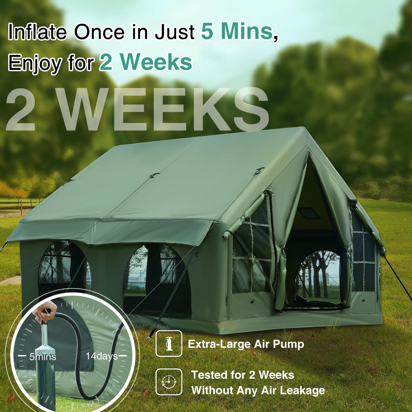 KNUO 2025 Upgraded Waterproof Inflatable Camping Tent for 5-8 People, Large Blow-Up Air Tent, No Assembly Needed Luxury Glamping House, 10x10ft Oxford Fabric