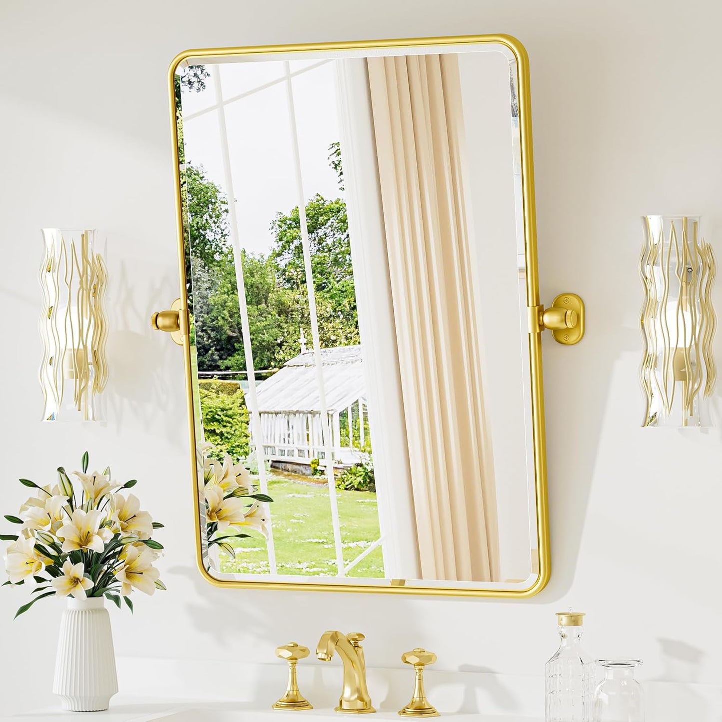 Up-titling Mirror for Bathroom - Metal Framed, Modern Farmhouse Beveled Rounded Corner