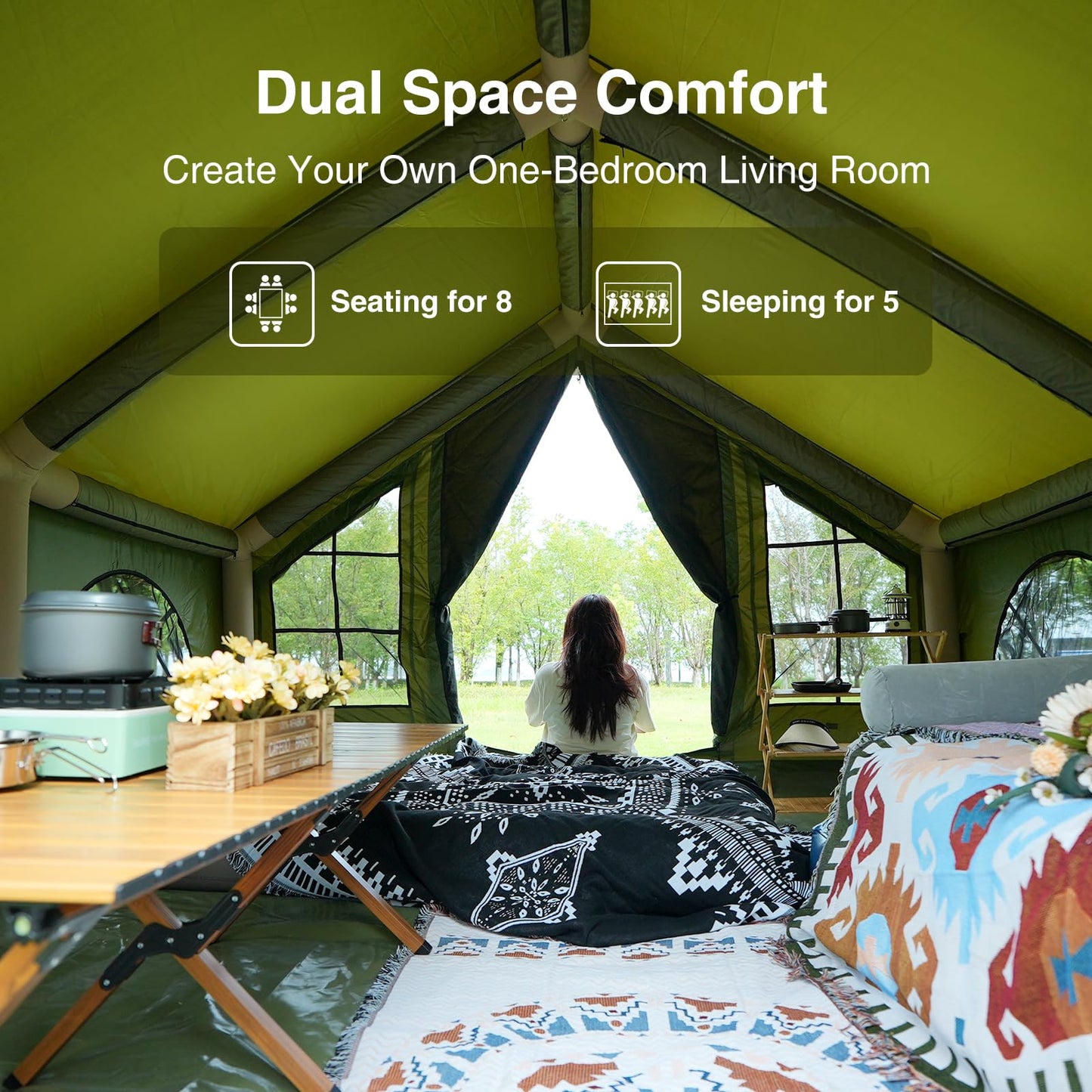 KNUO 2025 Upgraded Waterproof Inflatable Camping Tent for 5-8 People, Large Blow-Up Air Tent, No Assembly Needed Luxury Glamping House, 10x10ft Oxford Fabric