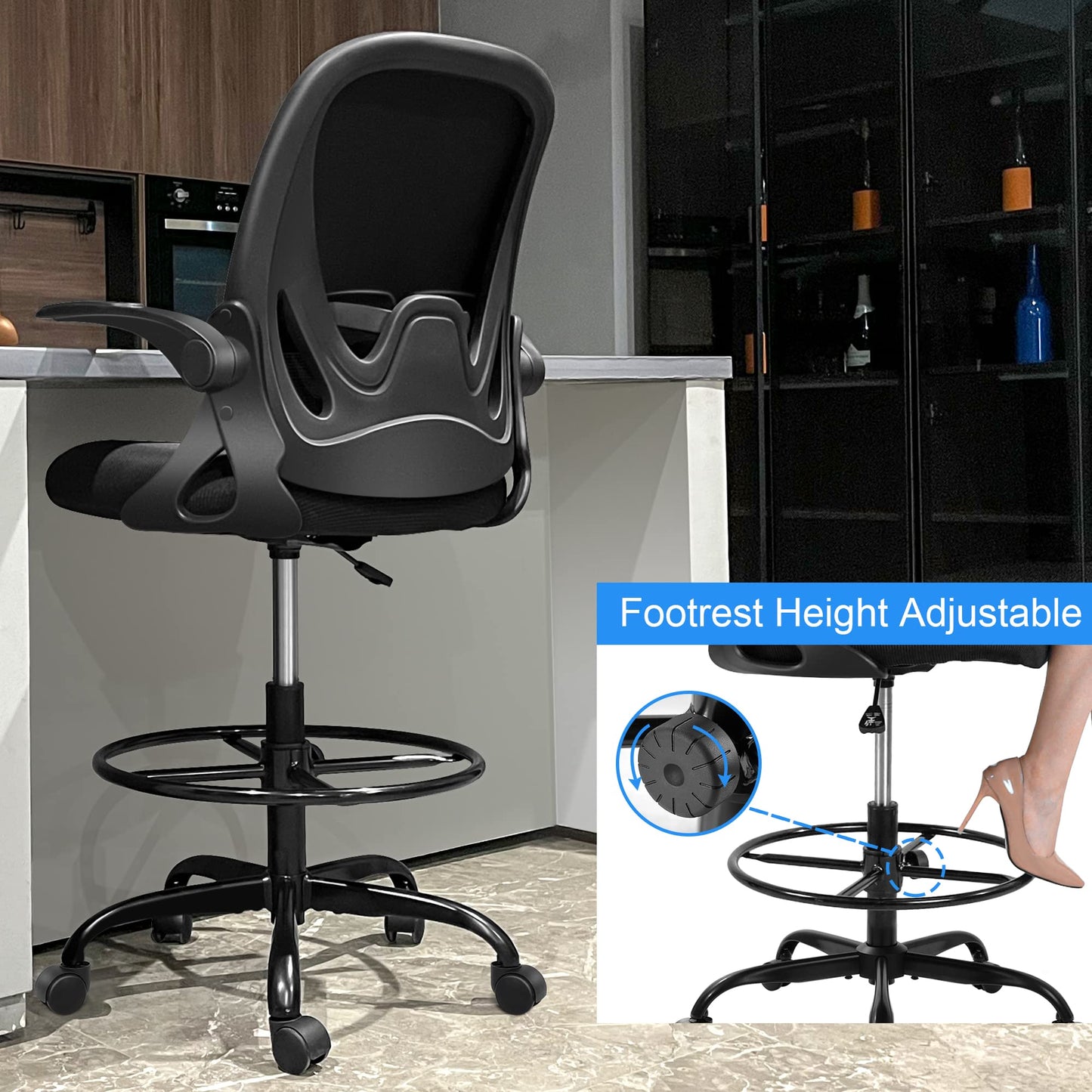 Tall Office Chair with Flip-up Armrests (20" - 28" seat height) - Ergonomic Computer Chair with Lumbar Support