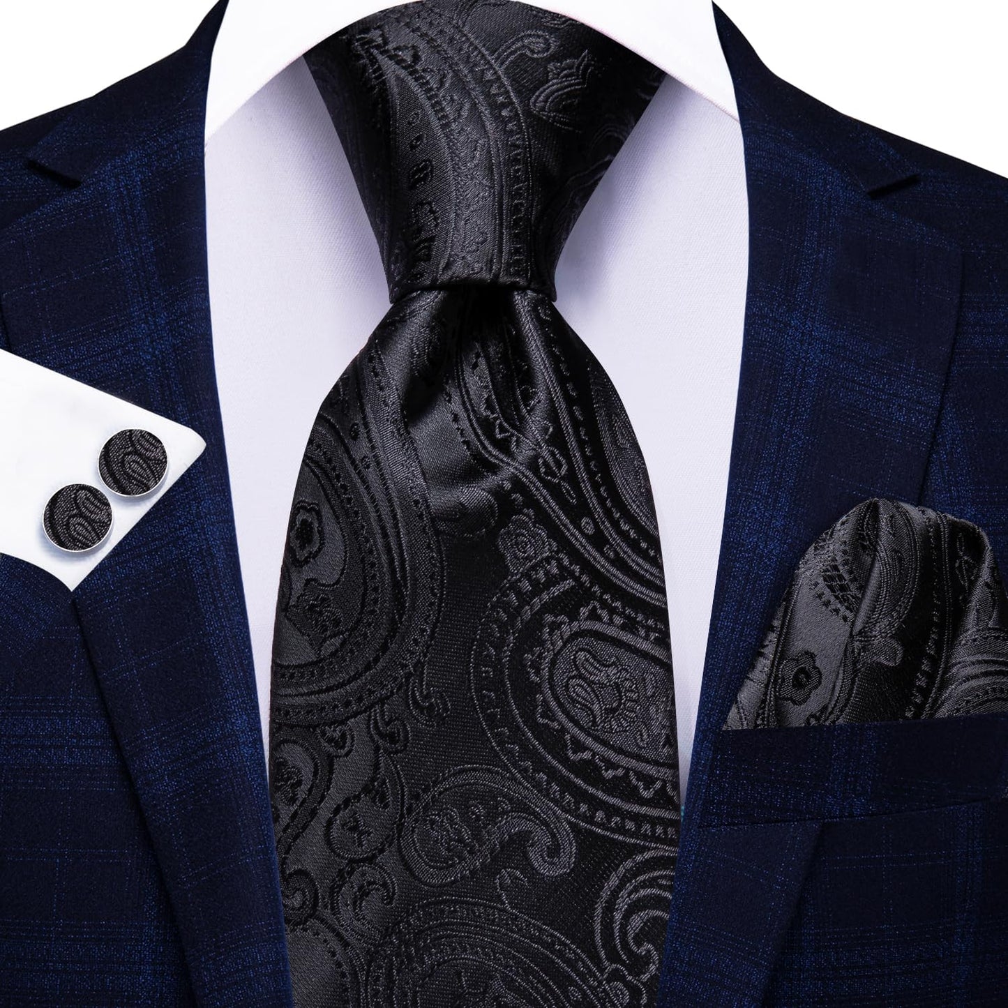 Hi-Tie 70''Black Ties for Men Extra Long Silk Paisley Mens Ties Set Dress Necktie and Pocket Square Cufflink for Funeral