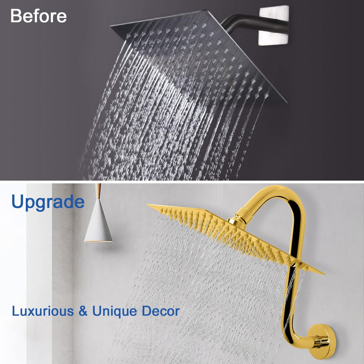 NearMoon S Shaped Shower Head Riser Pipe, Shower Extender Arm with Flange, Standard 1/2" Connection- Bathroom Accessory, 10 Inch (1 Pack,Chrome Gold)