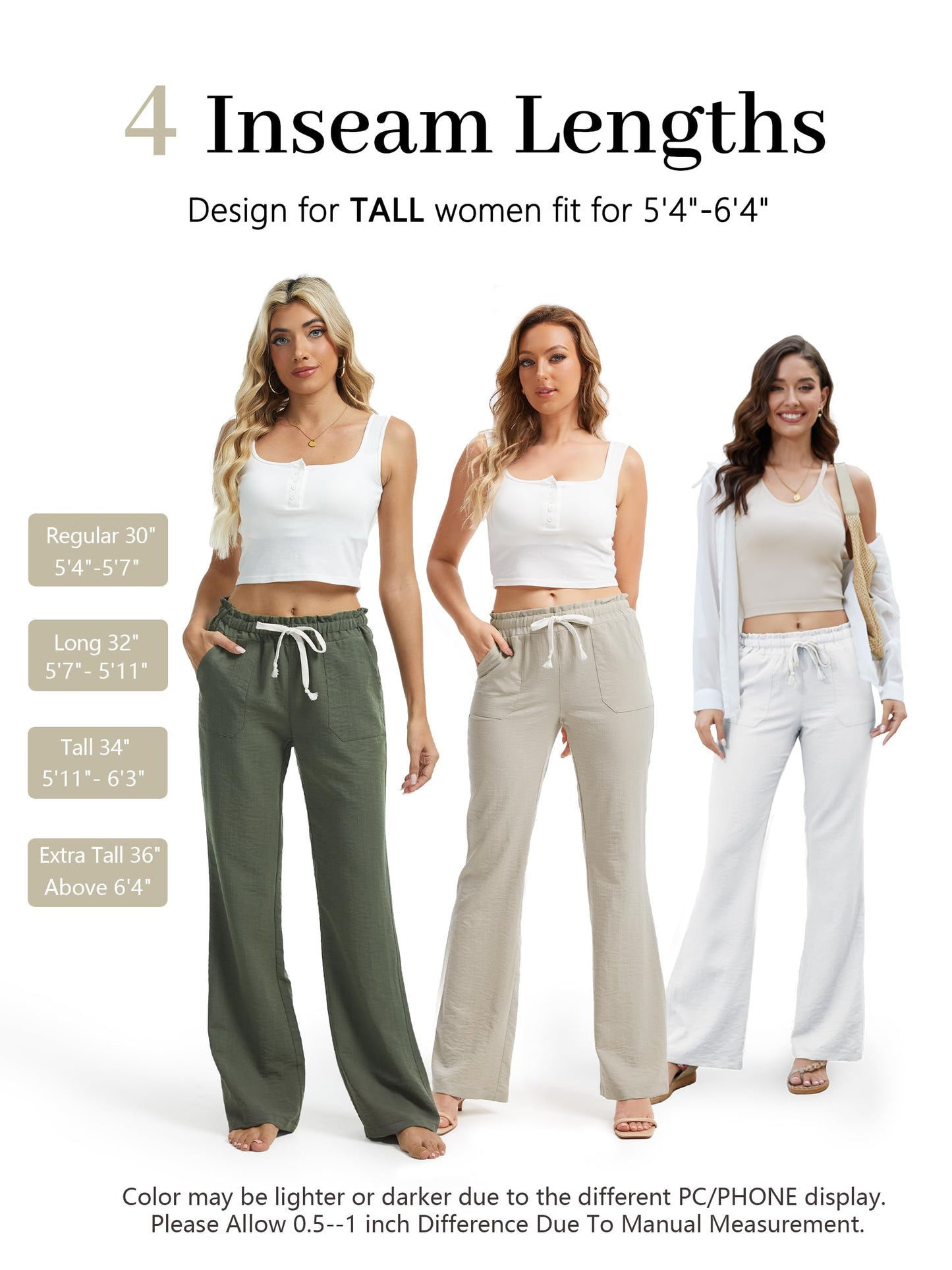 SEVEGO Women's Casual Linen Pants Extra Tall 36" Inseam Flared Leg Smocked Waist Beach Summer Slacks, Green, X-Large
