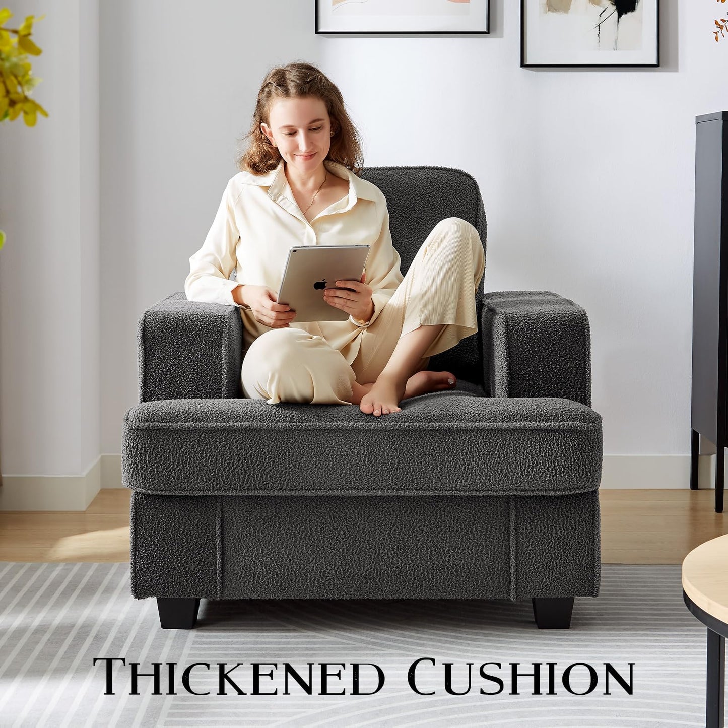 Couches for Living Room, 38” Cloud Couch in Soft Teddy Fleece, Removable Cover, Easy Assembly, Modern Sofa for Living Room/Bedroom/Office/Apartment, Dark-Gray