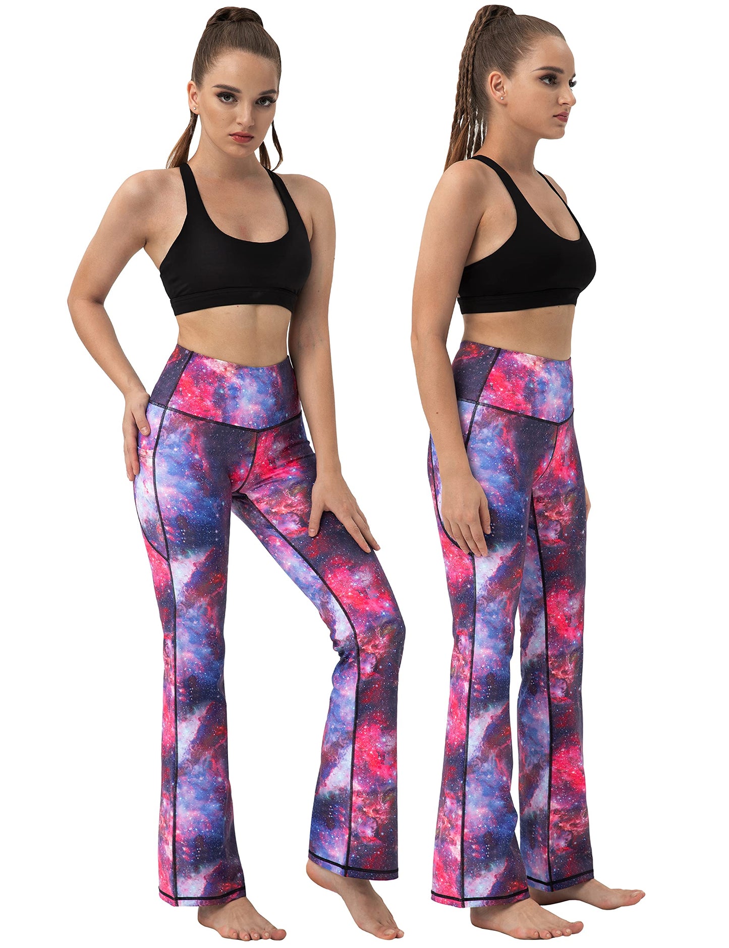 BUBBLELIME 29"/31"/33"/35" 4 Styles Women's Tummy Control Bootcut Yoga Pants - Side Pockets_Galaxy L-35 Inseam