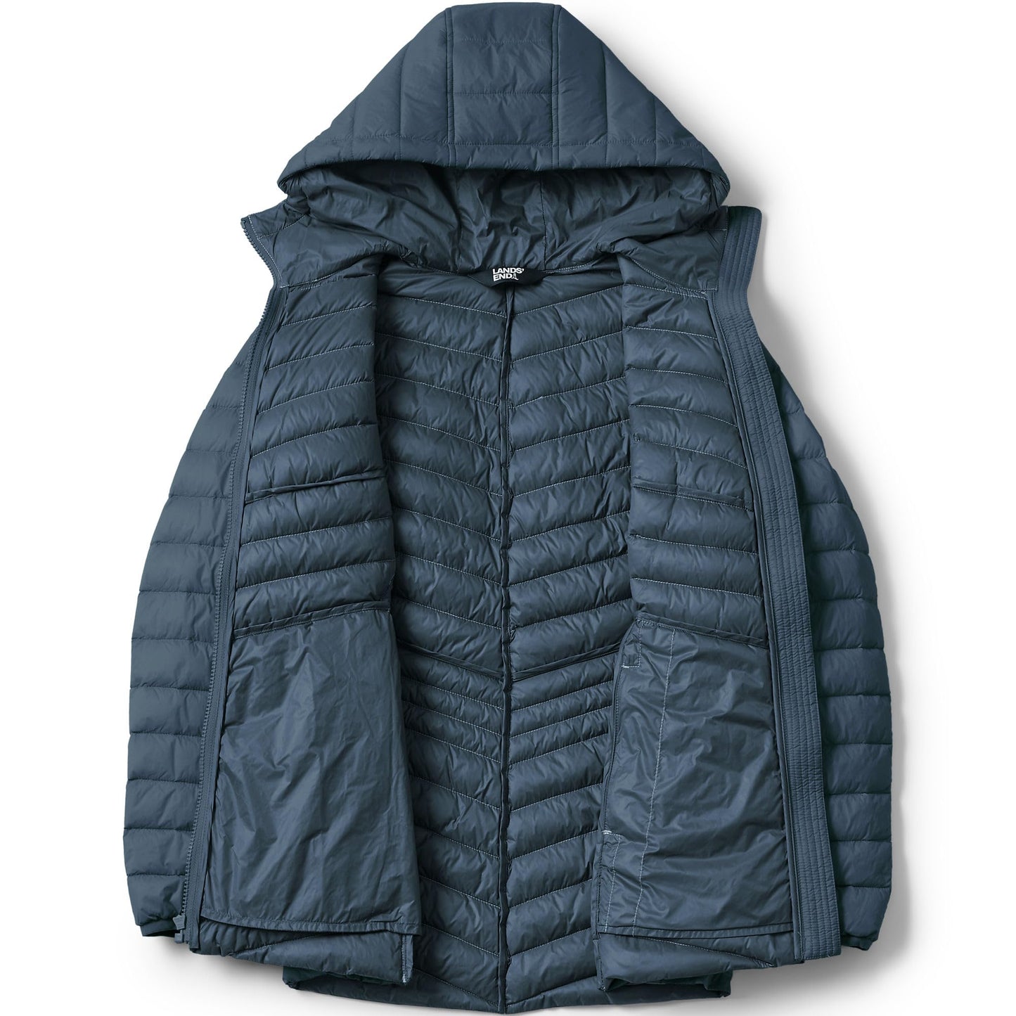 Lands' End Womens Packable Chevron Hooded Long Wanderweight Down Jacket Vintage Blue Tall X-Large