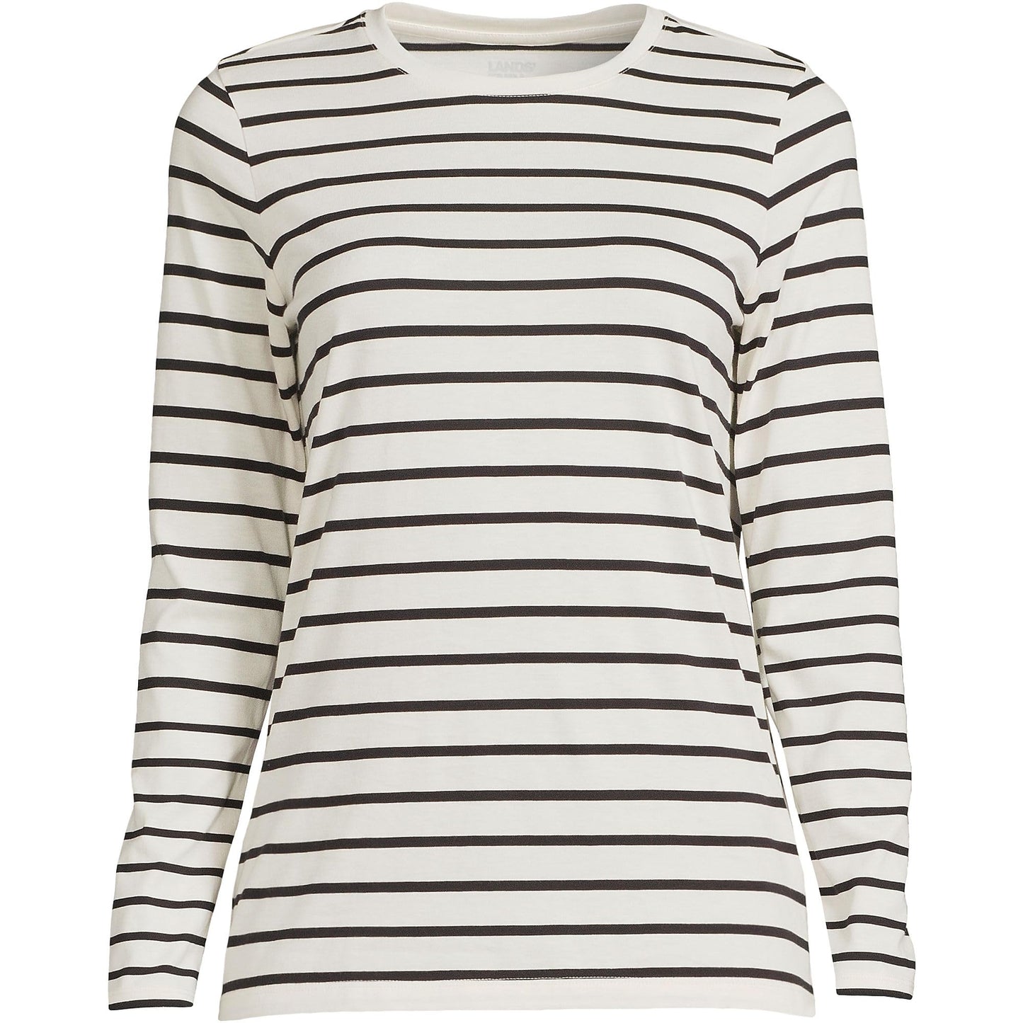 Lands' End Womens Long Sleeve Relaxed Supima Cotton Crew Neck T Shirt Ivory/Black Breton Stripe Tall X-Large