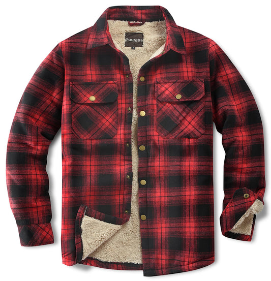 Puwasa Men's Sherpa Lined Cotton Flannel Shirt Jacket Plaid Button Up Jacket Coat for Men with Pocket Red Large Tall