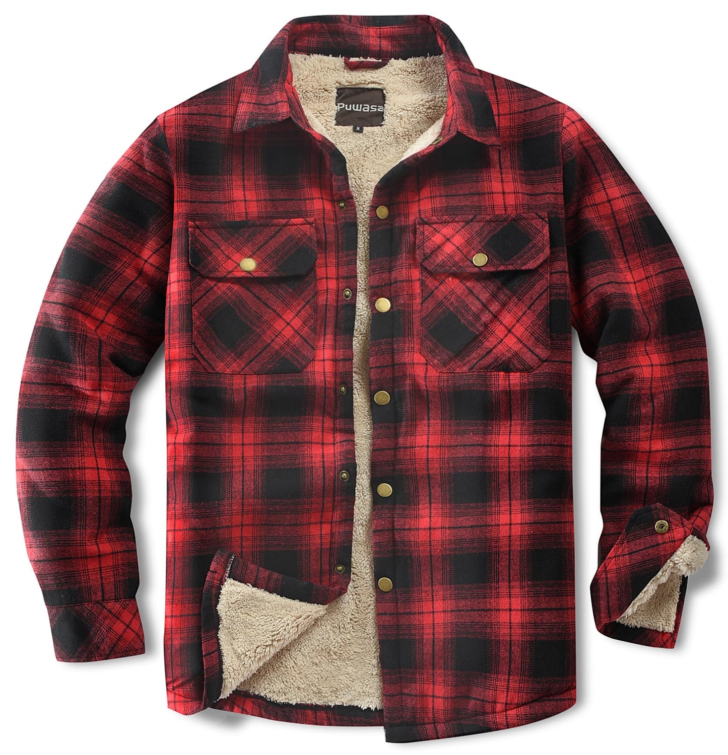Puwasa Men's Sherpa Lined Cotton Flannel Shirt Jacket Plaid Button Up Jacket Coat for Men with Pocket Red X-Large Tall