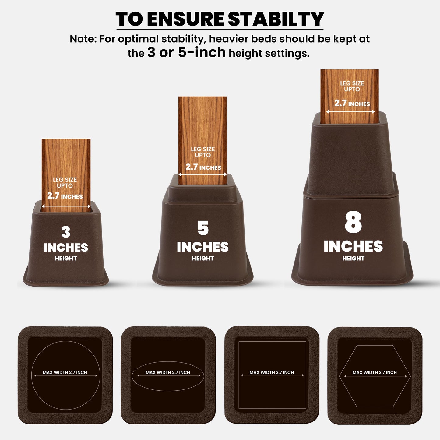 Utopia Bedding Adjustable Bed Furniture Risers - Elevation in Heights 3, 5 or 8 Inch Heavy Duty Risers for Beds and Under Bed Storage - Supports up to 1,300 lbs - (Set of 8 Riser, Brown)