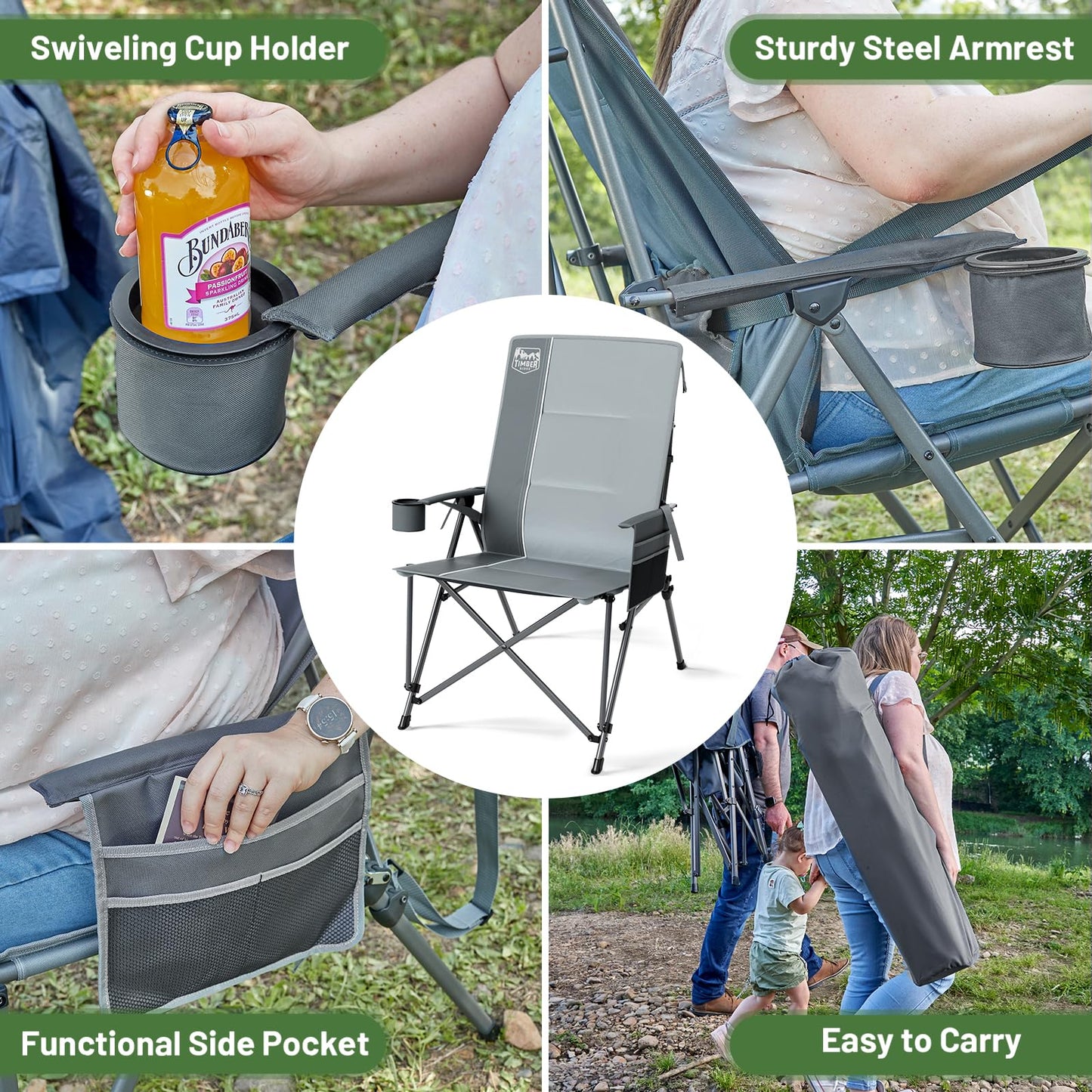 TIMBER RIDGE Oversized Camping Chair with Lumbar Support, Portable Folding Chair Heavy Duty for Adults Supports 450 LBS for Outdoor Camping, Lawn, with High Back, Cup Holder, Side Pocket - Grey