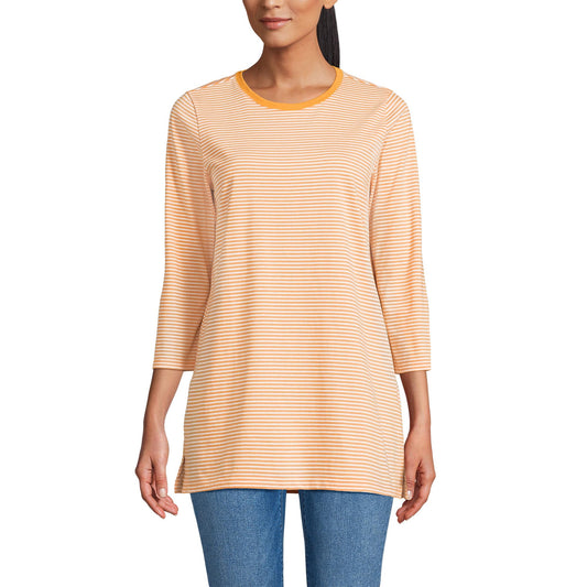 Lands' End Womens 3Q Cotton Supima Crew Neck Tunic Sweet Mango Micro Stripe Tall Medium