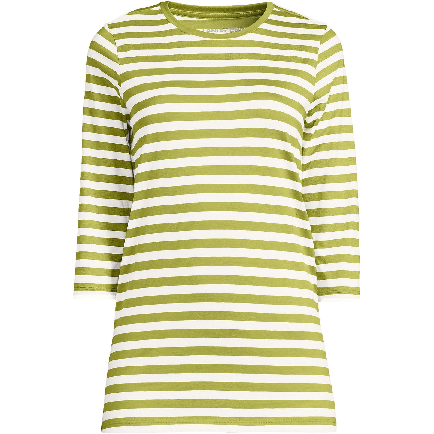 Lands' End Womens 3Q Cotton Supima Crew Neck Tunic Vintage Lime Even Stripe Tall Medium