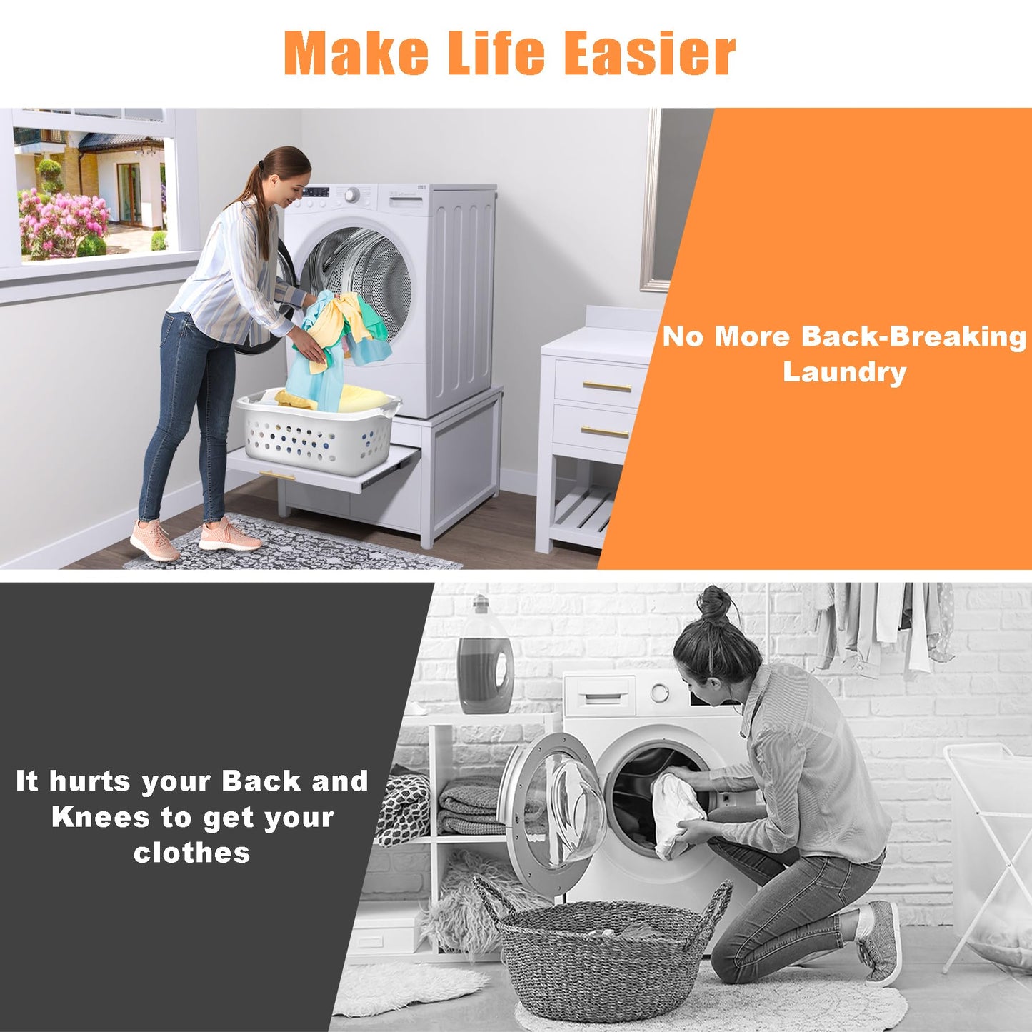 GDLF Laundry Pedestal Heavy Duty Metal Washer and Dryer Stand 29" Universal Fit Anti-Vibration Washing Machine Stand with Laundry Basket Shelf and Built-in Drain Pan + Hose,770 LBS Capacity,White