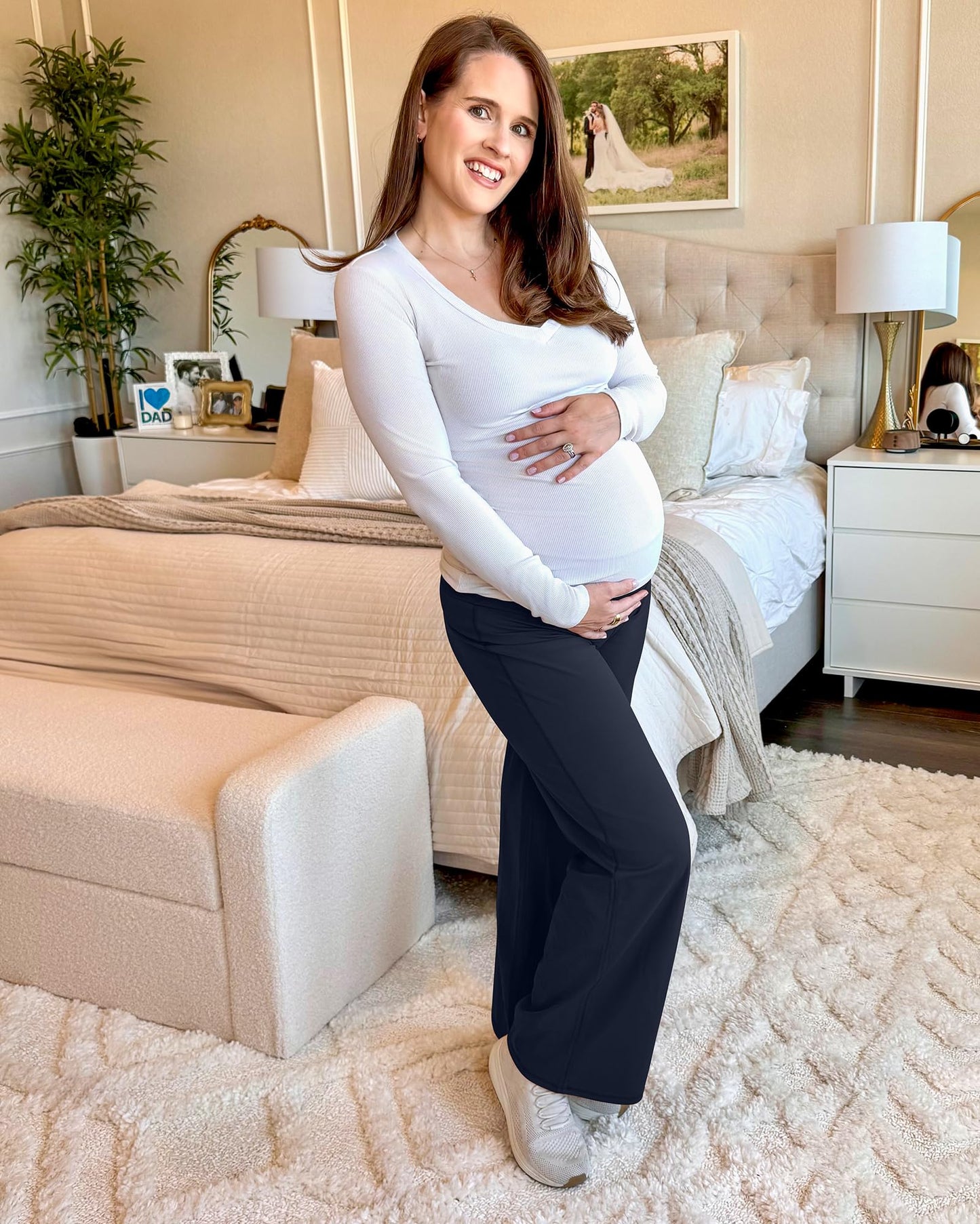 G4Free Maternity Pants for Women Casual Loose Wide Leg Cozy Pant Pregnancy Clothes Yoga Dress Work Trousers(Dark Blue,XS,32")