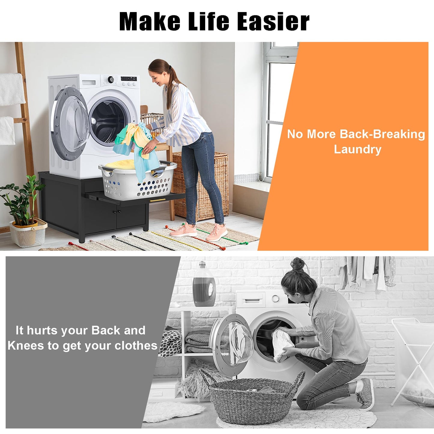 GDLF Laundry Pedestal Heavy Duty Metal Washer Dryer Pedestal 29" Universal Fit Anti-Vibration Washing Machine Stand with Laundry Basket Shelf and Built-in Drain Pan + Hose,770 LBS Capacity