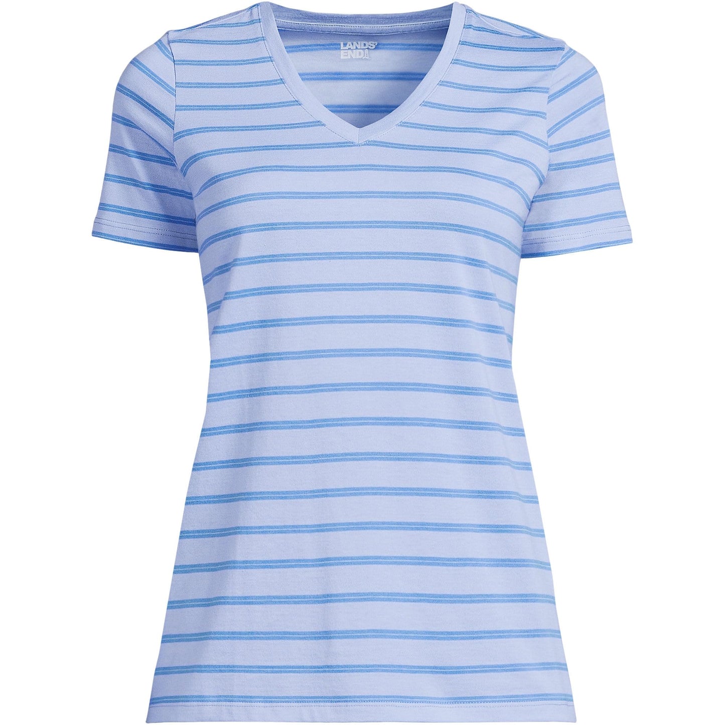 Lands' End Womens SS Relaxed Supima V Neck T Shirt Light Cornflower Dual Stripe Tall X-Large