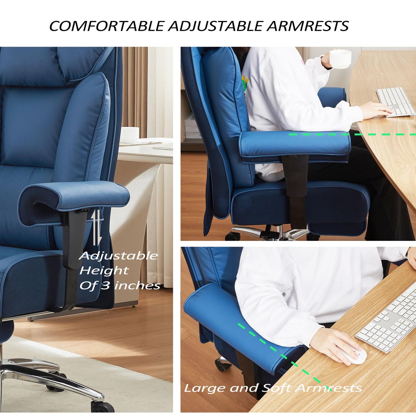 Efomao Ergonomic Office Chair 450LBS with Foot Rest, High Back PU Leather Big and Tall Executive Chair with Adjustable Padded Armrests, Lumbar Support for Home or Work, Heavy Duty Computer Chair, Blue