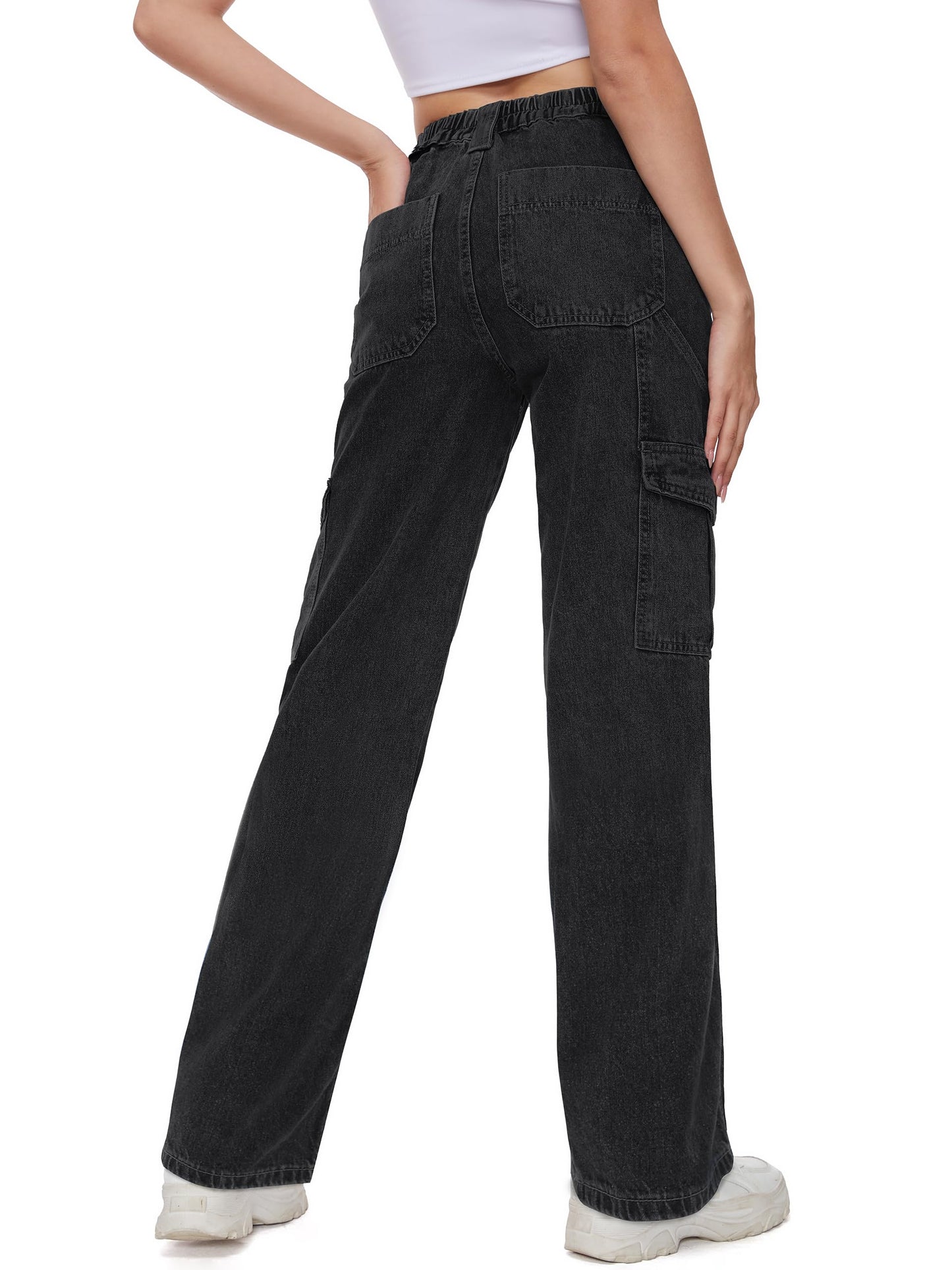 Tapata Women's 26"/28"/30"/32"/34" Cargo Jeans Straight Leg Short Petite Regular Tall Denim Relaxed Y2K Pants Black, XL