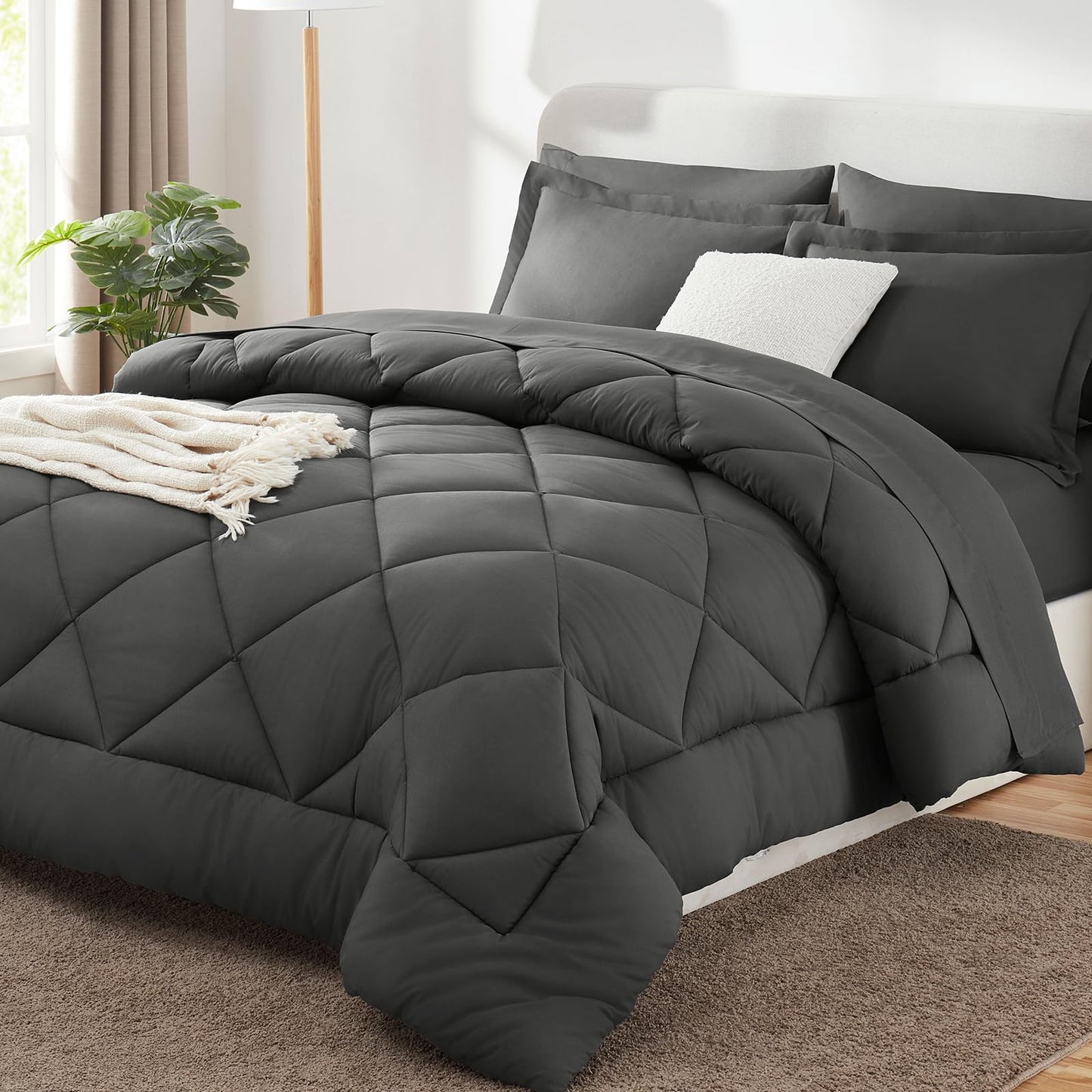 CozyLux California King Comforter Set with Sheets Dark Grey 7 Pieces Cal King Bed in a Bag All Season Bedding Sets with Comforter, Pillow Shams, Flat Sheet, Fitted Sheet and Pillowcases