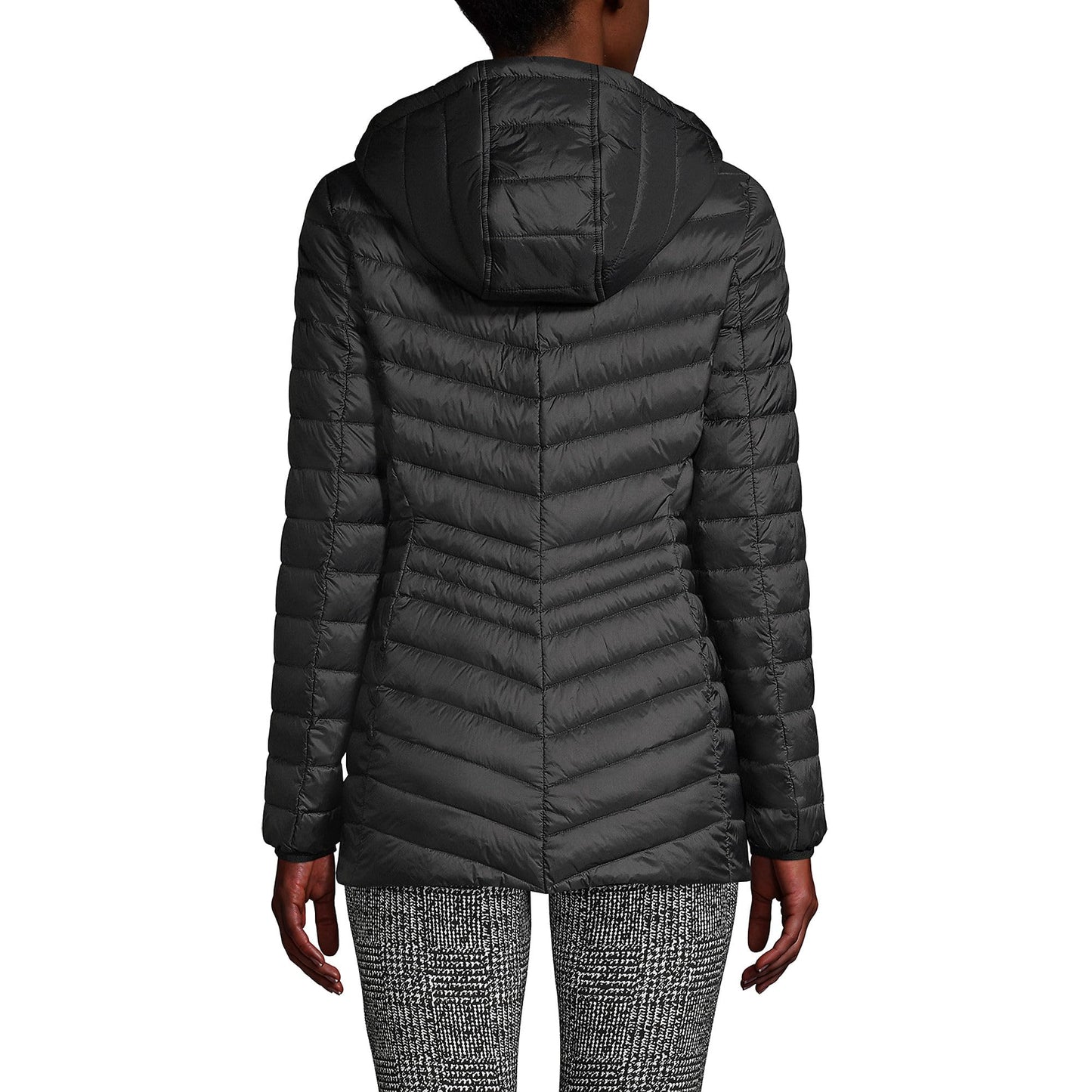 Lands' End Womens Packable Chevron Hooded Long Wanderweight Down Jacket Black Tall Large