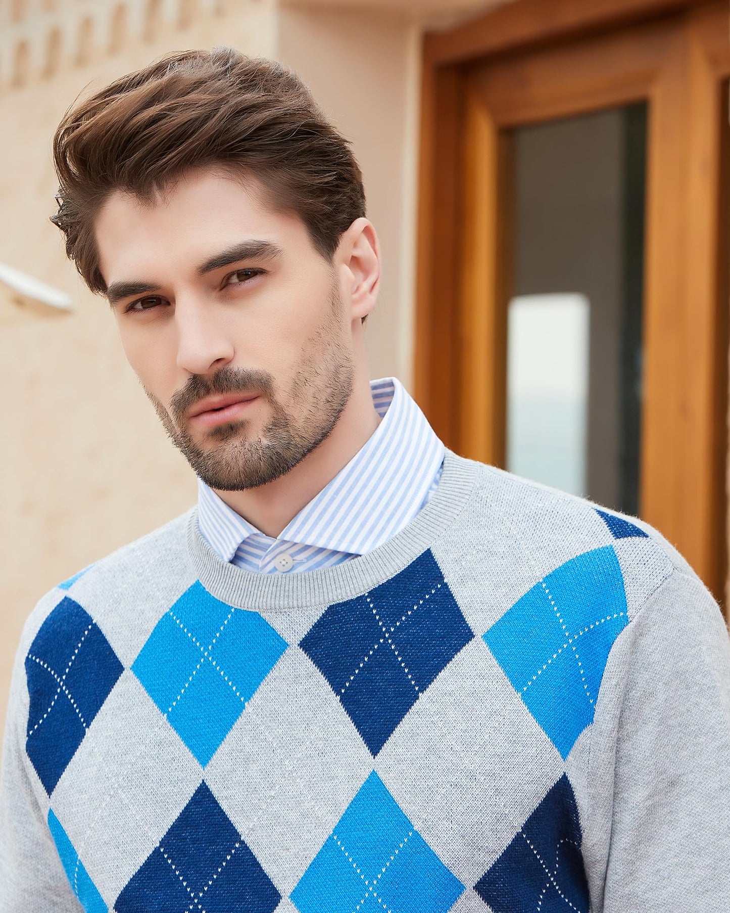 Kallspin Men's Wool Blend Crewneck Sweater Argyle Long Sleeve Pullover Sweater for Casual Or Dressy Wear(Light Grey,2XL-Tall)