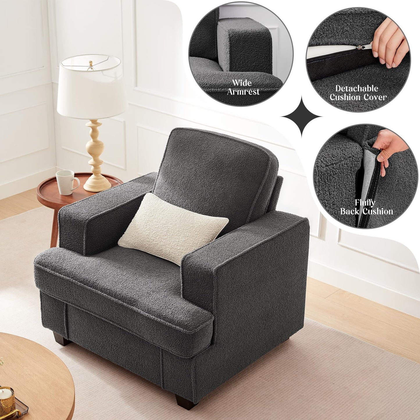 Couches for Living Room, 38” Cloud Couch in Soft Teddy Fleece, Removable Cover, Easy Assembly, Modern Sofa for Living Room/Bedroom/Office/Apartment, Dark-Gray