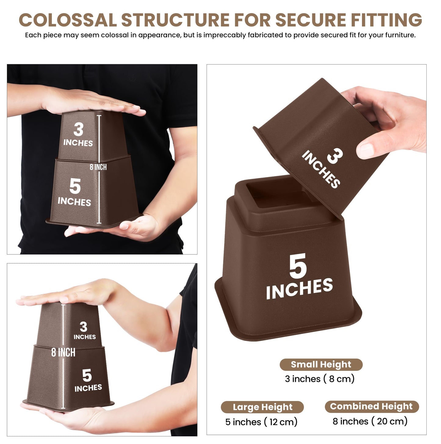 Utopia Bedding Adjustable Bed Furniture Risers - Elevation in Heights 3, 5 or 8 Inch Heavy Duty Risers for Beds and Under Bed Storage - Supports up to 1,300 lbs - (Set of 8 Riser, Brown)