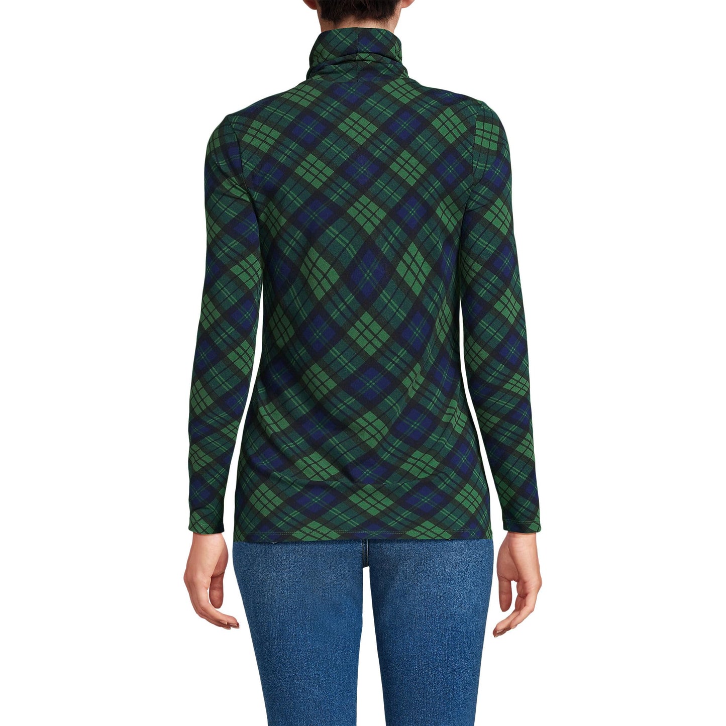 Lands' End Womens Long Sleeve Shaped LWCM Turtleneck Light Emerald Blackwatch Plaid Tall Large