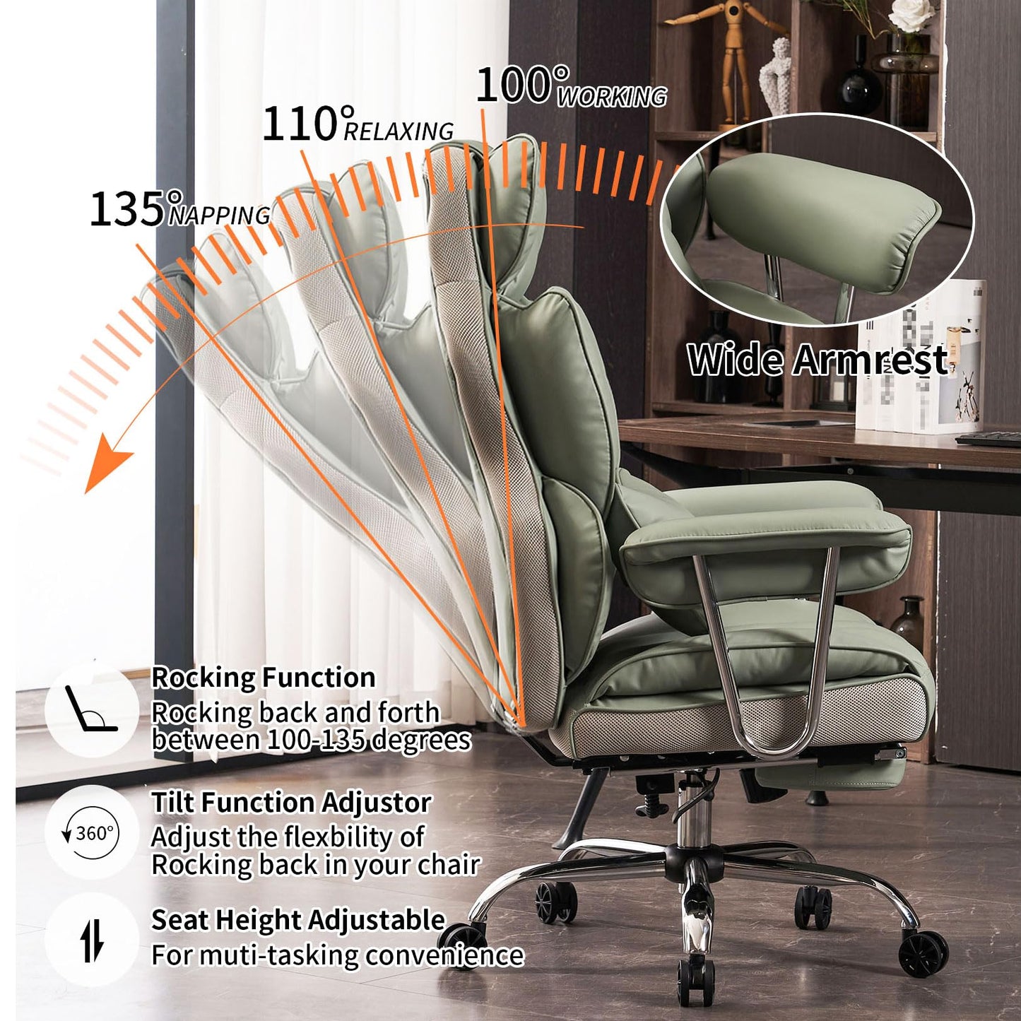 Efomao Big and Tall Office Chair 400lbs - Executive Office Chairs with Footrest, Heavy-Duty PU Leather Computer Chair for Heavy People, Light Green Home Office Desk Chairs