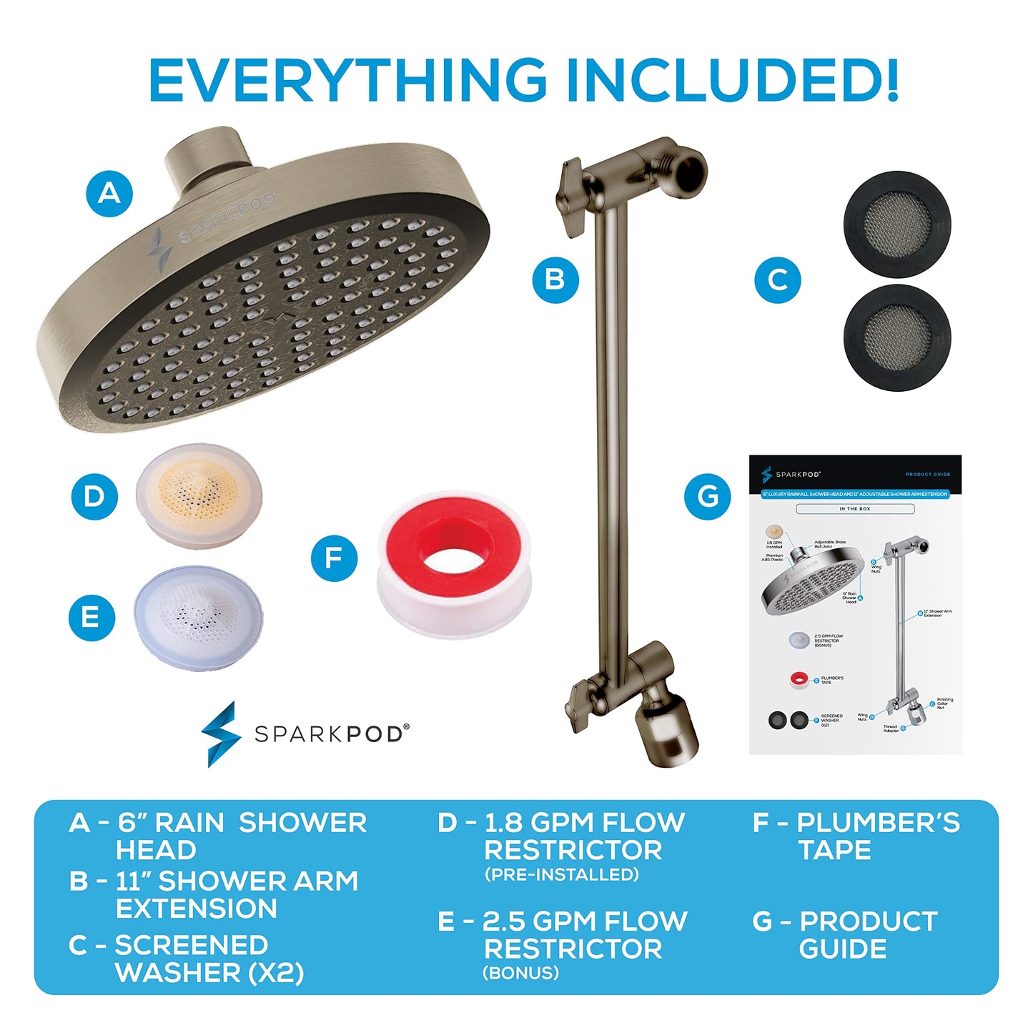 SparkPod Round Rain Shower Head with Extension Arm - Height Adjustable Shower Head with High Pressure Performance - Easy 1-Minute Installation (11" Arm Extension, Elegant Brushed Nickel)